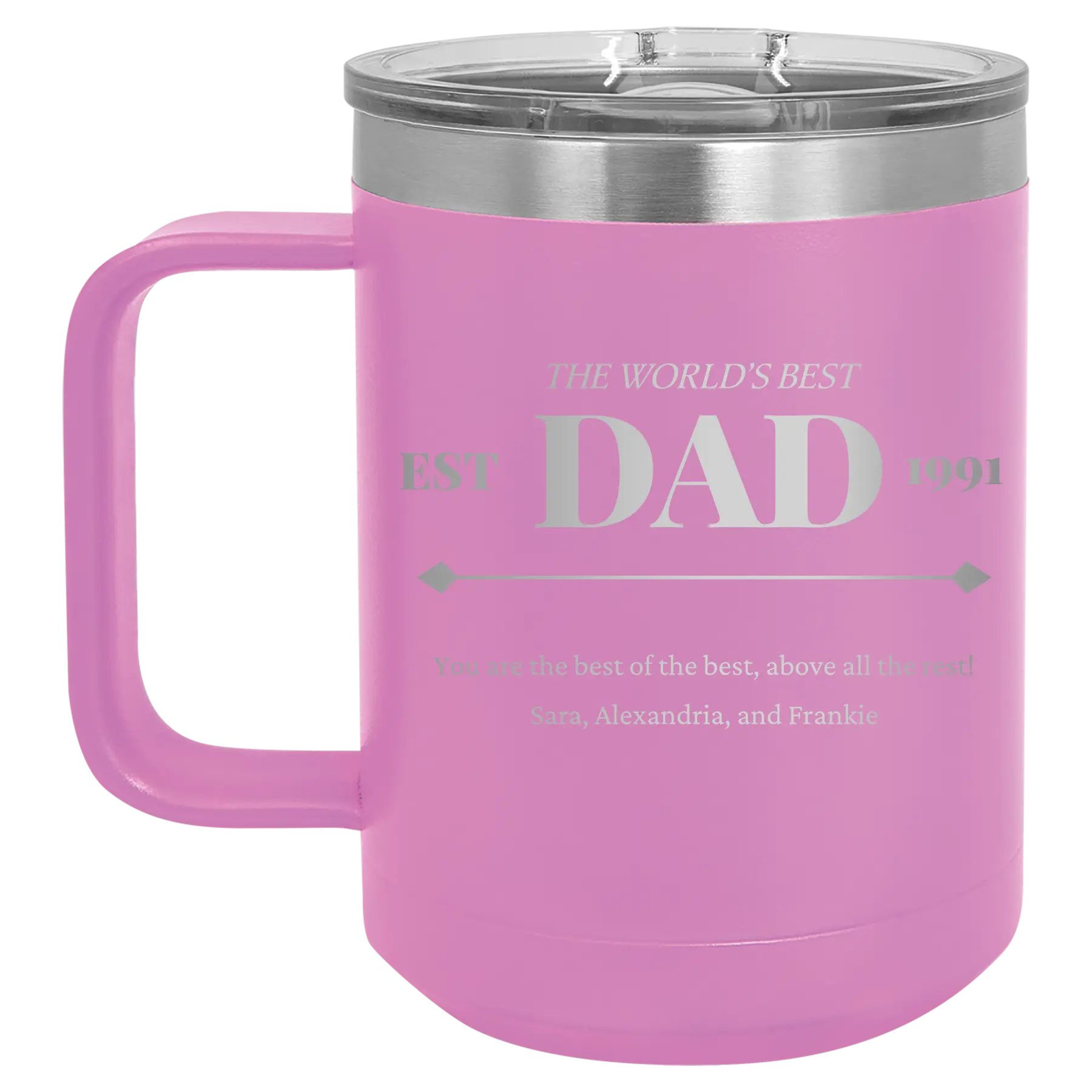 Personalized light purple 15 oz vacuum insulated coffee mug with etched 'Best Dad Est' design