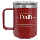 Personalized maroon 15 oz vacuum insulated coffee mug with etched 'Best Dad Est' design