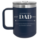 Personalized navy 15 oz vacuum insulated coffee mug with etched 'Best Dad Est' design