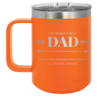 Personalized orange 15 oz vacuum insulated coffee mug with etched 'Best Dad Est' design