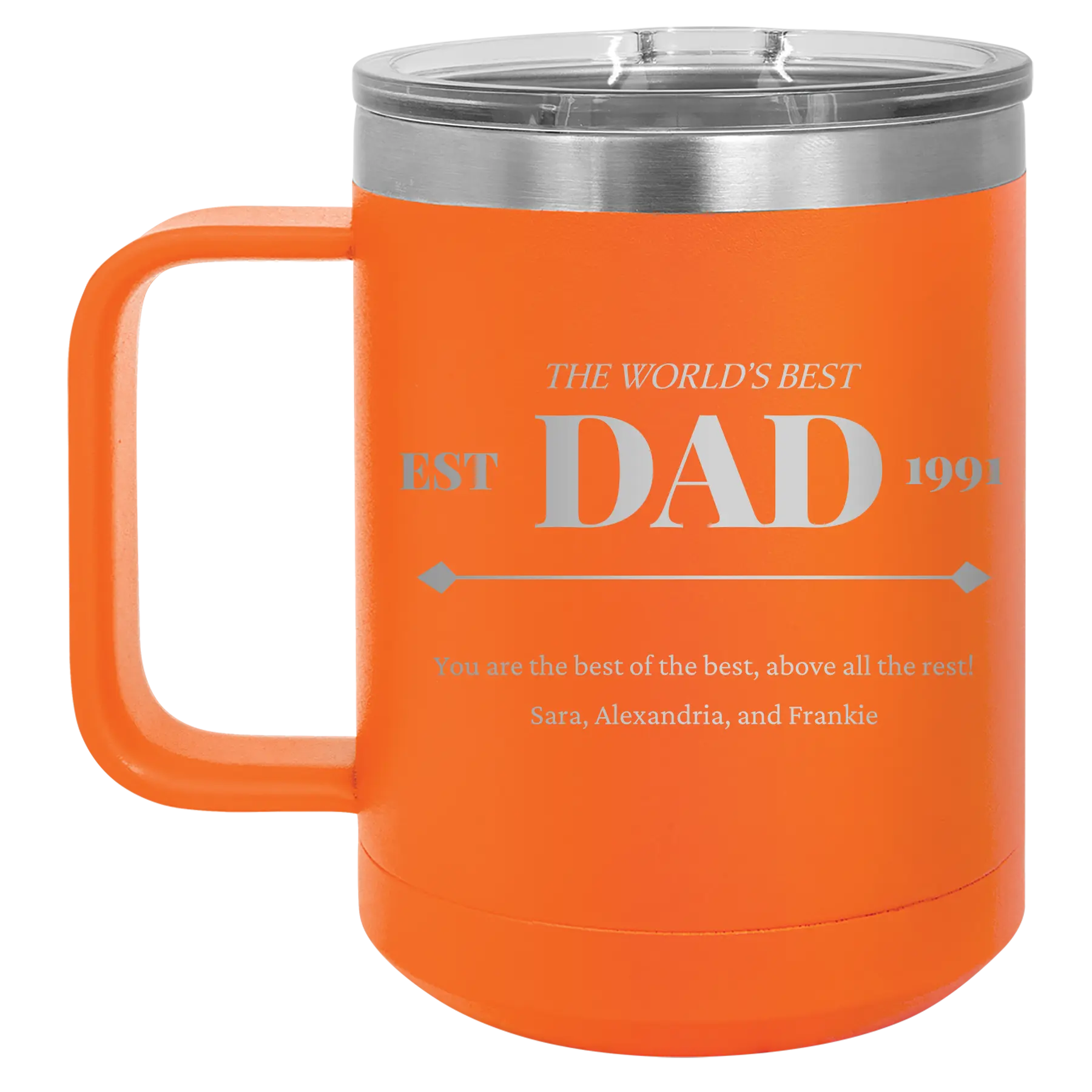 Personalized orange 15 oz vacuum insulated coffee mug with etched 'Best Dad Est' design