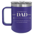 Personalized purple 15 oz vacuum insulated coffee mug with etched 'Best Dad Est' design
