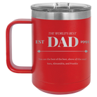 Personalized red 15 oz vacuum insulated coffee mug with etched 'Best Dad Est' design