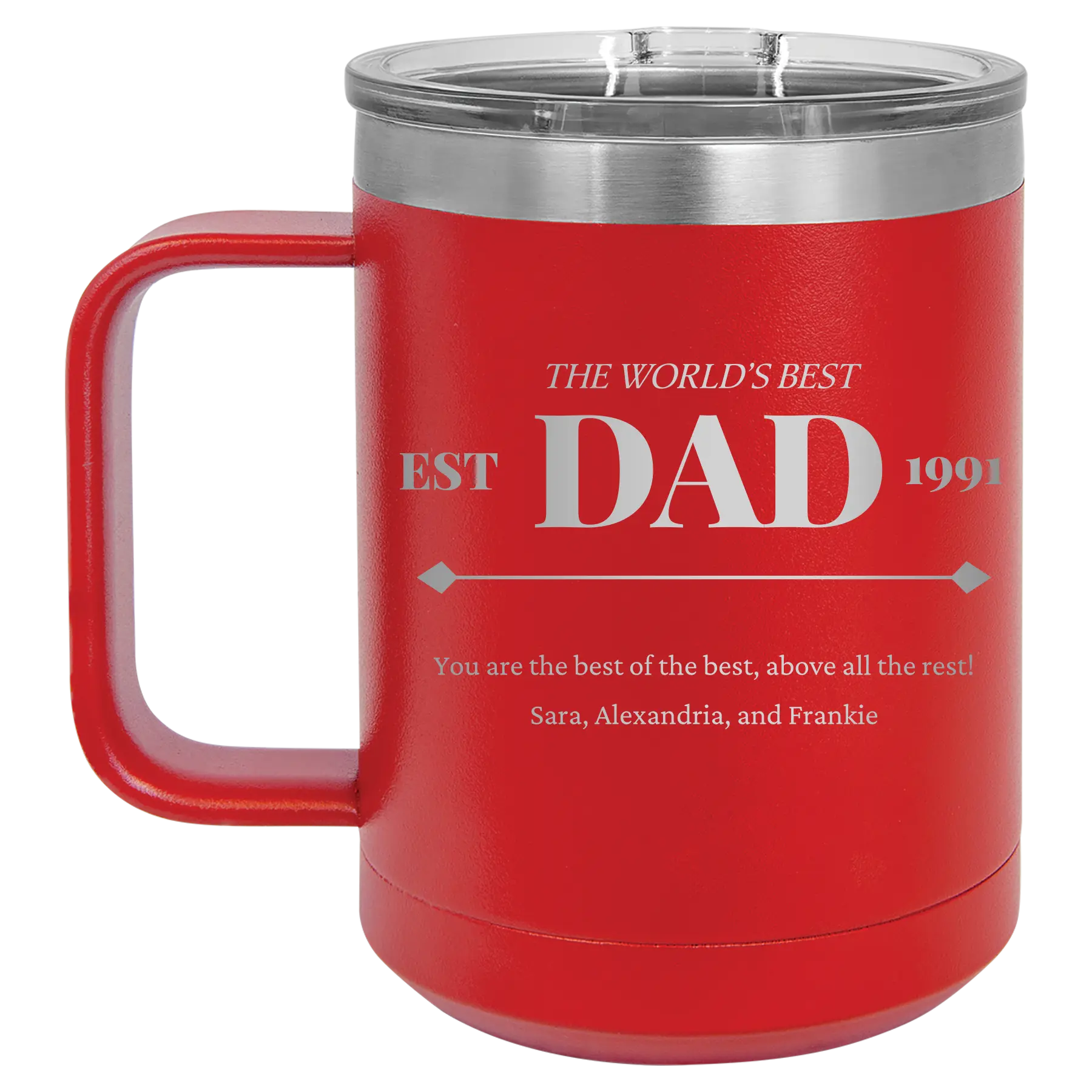 Personalized red 15 oz vacuum insulated coffee mug with etched 'Best Dad Est' design
