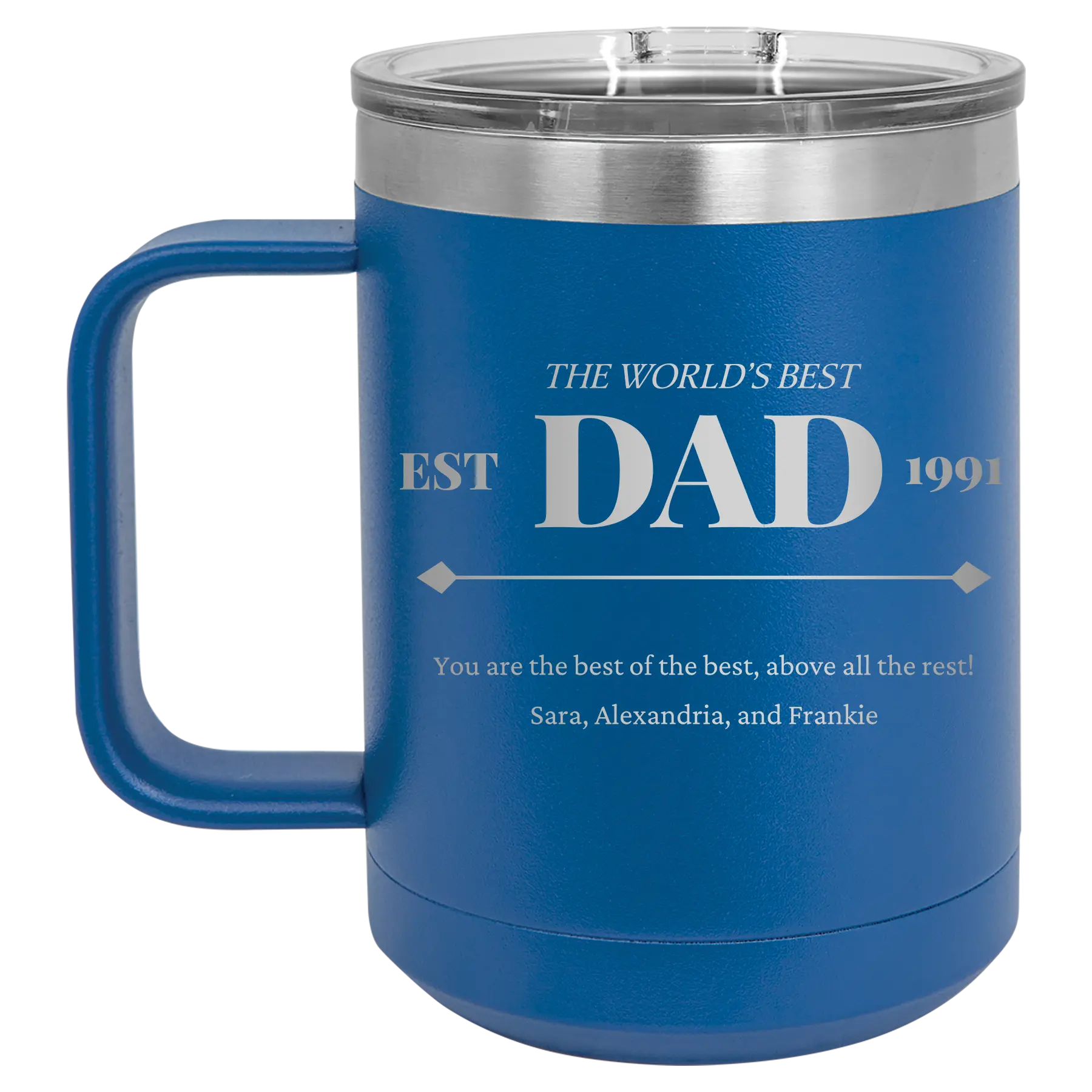 Personalized royal blue 15 oz vacuum insulated coffee mug with etched 'Best Dad Est' design