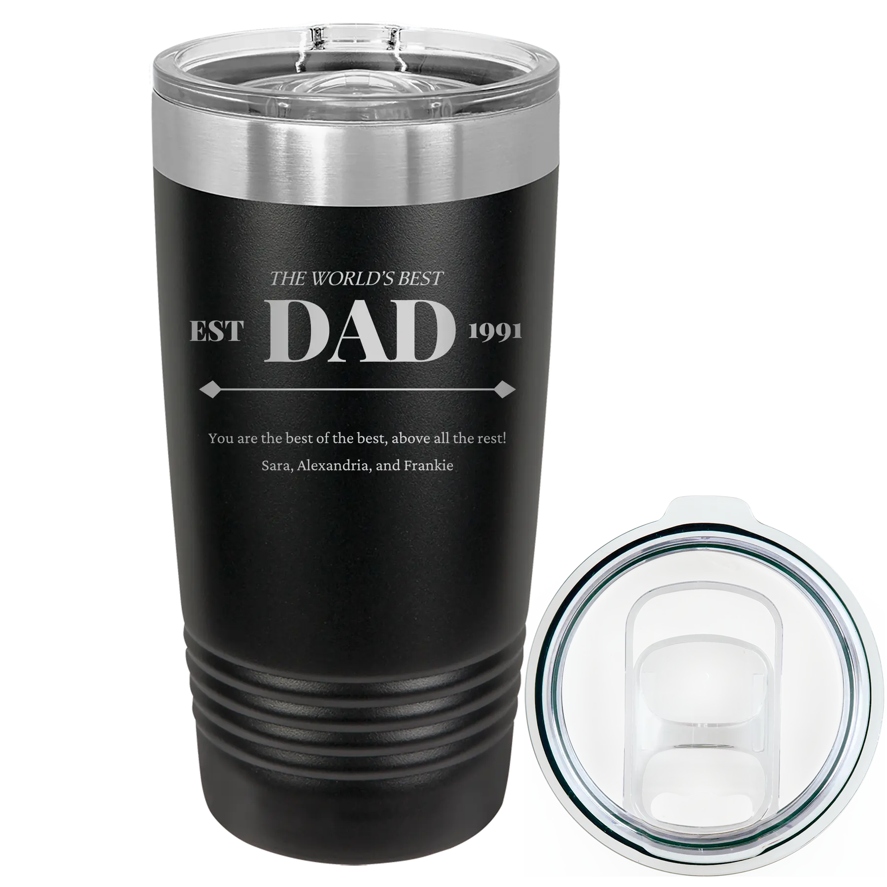 Laser etched black 20 oz vacuum insulated tumbler with 'Best Dad Est' design