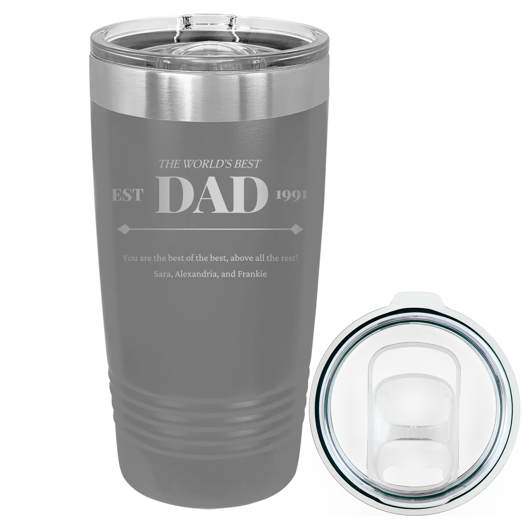 Laser etched dark gray 20 oz vacuum insulated tumbler with 'Best Dad Est' design