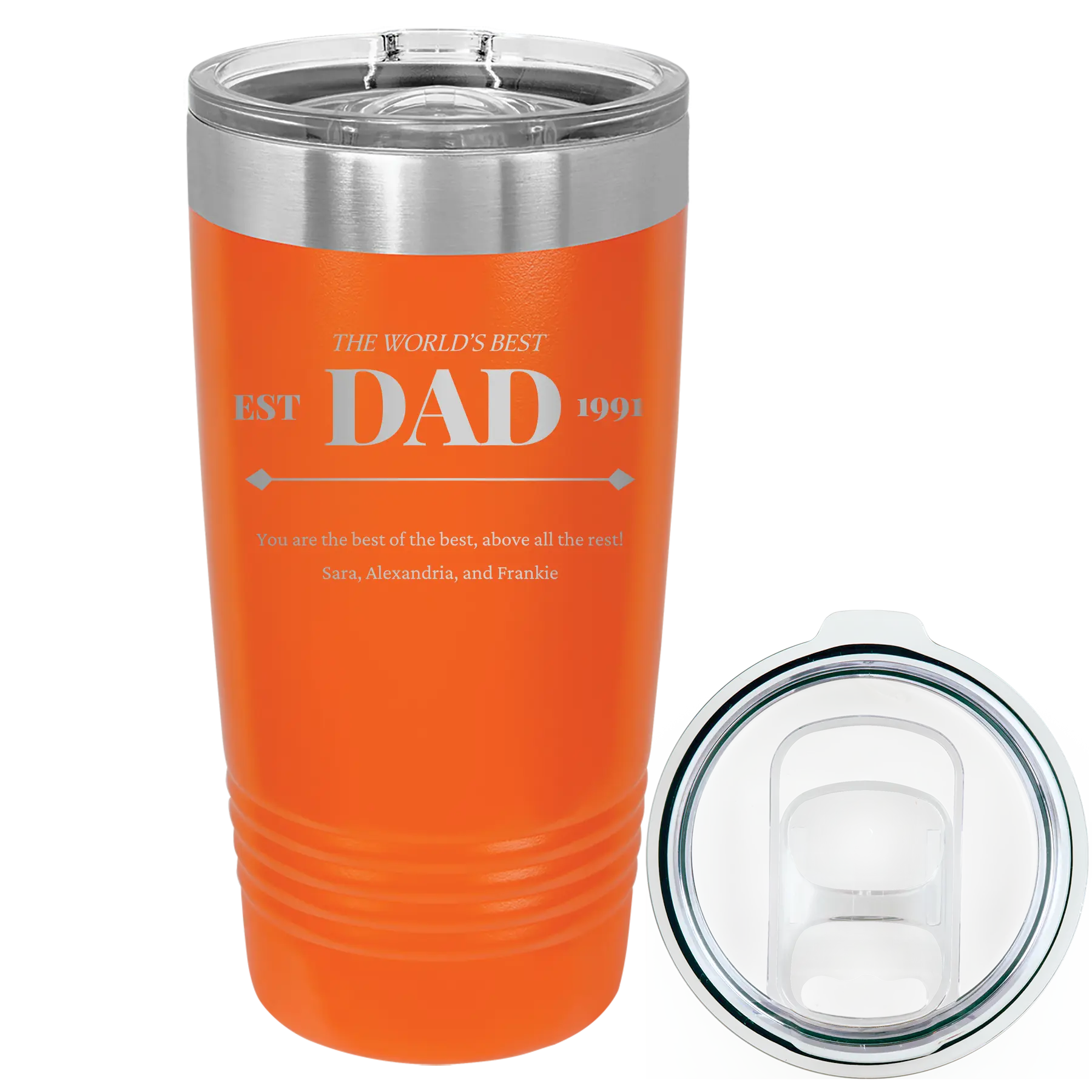 Laser etched orange 20 oz vacuum insulated tumbler with 'Best Dad Est' design