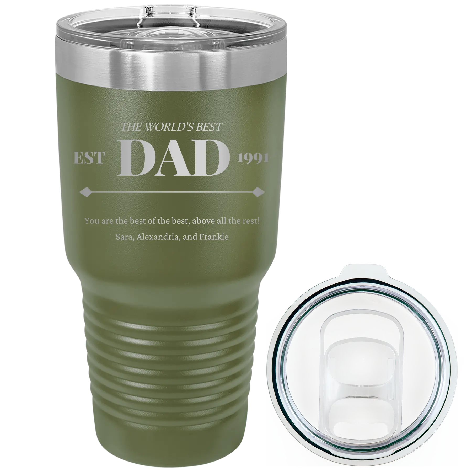 Laser etched olive green 30 oz vacuum insulated tumbler with 'Best Dad Est' design