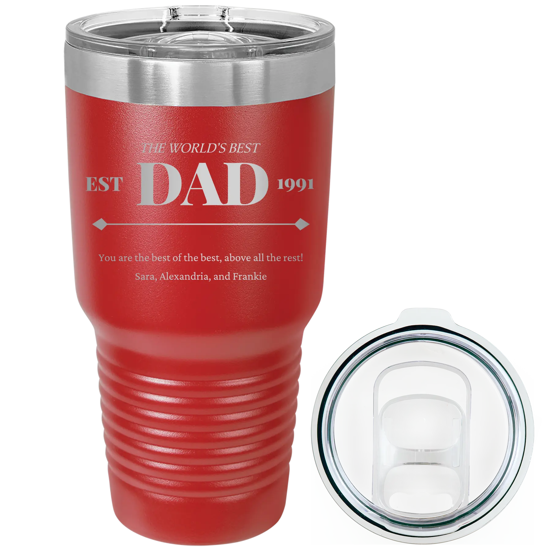 Laser etched red 30 oz vacuum insulated tumbler with 'Best Dad Est' design