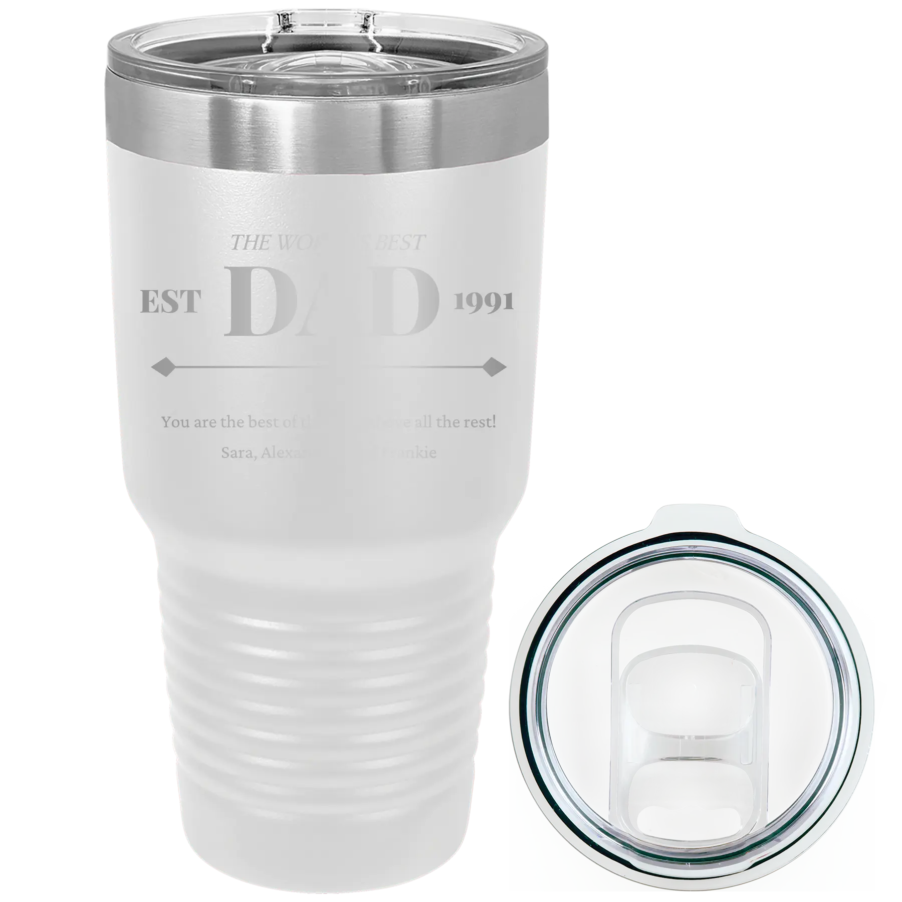 Laser etched white 30 oz vacuum insulated tumbler with 'Best Dad Est' design