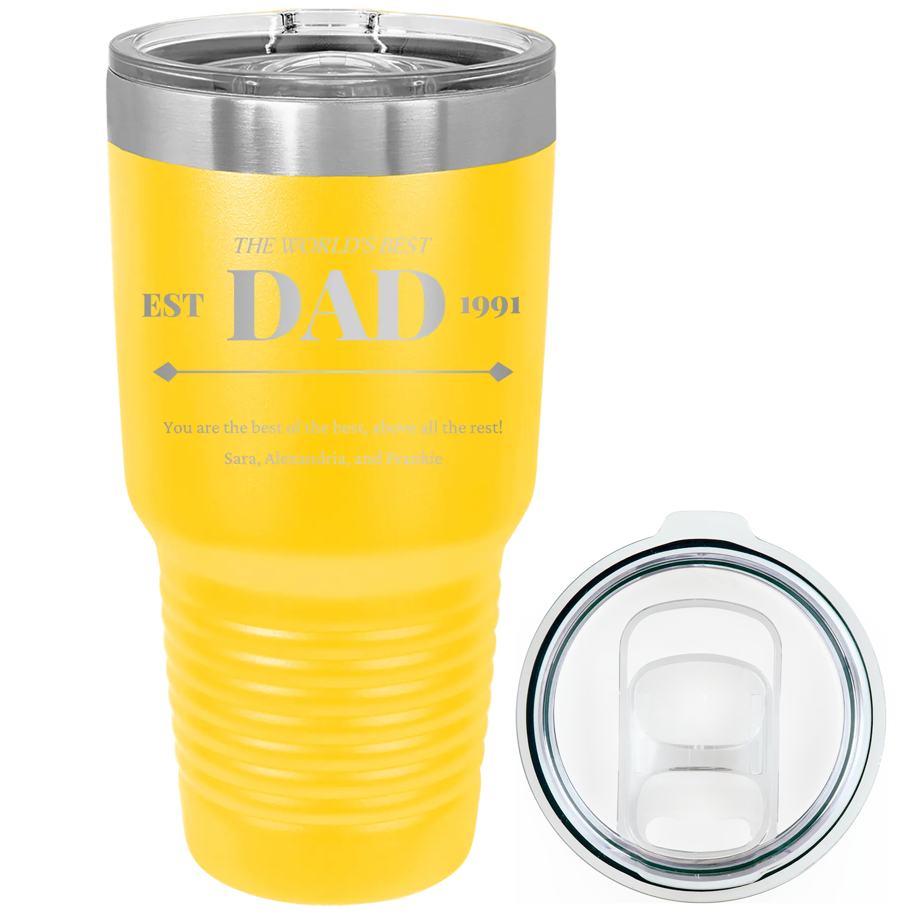 Laser etched yellow 30 oz vacuum insulated tumbler with 'Best Dad Est' design