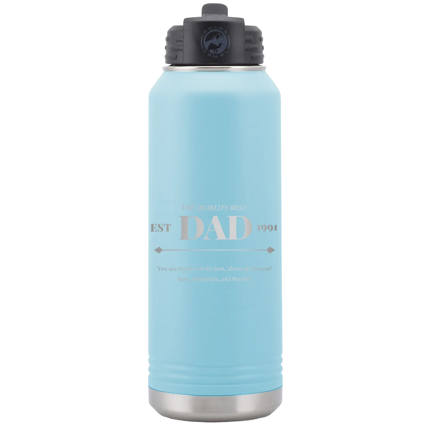 Laser etched light blue 32 oz vacuum insulated water bottle with 'Best Dad Est' design