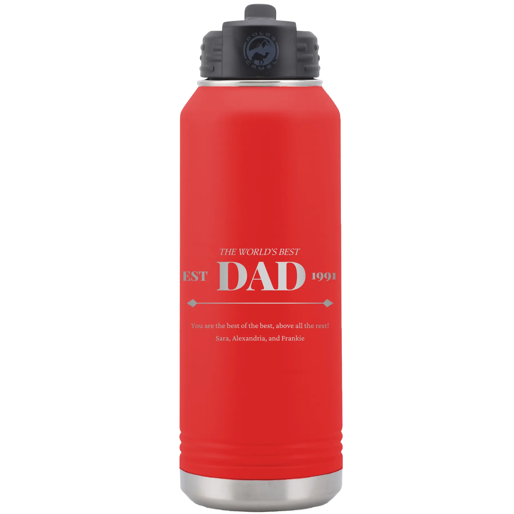 Laser etched red 32 oz vacuum insulated water bottle with 'Best Dad Est' design