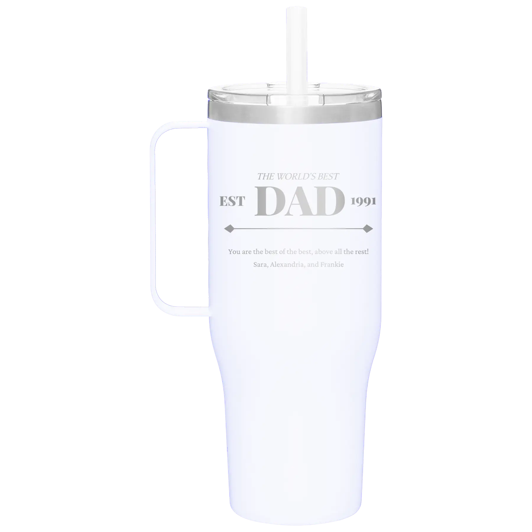 Personalized white 40 oz vacuum insulated tumbler mug with 'Best Dad Est' design
