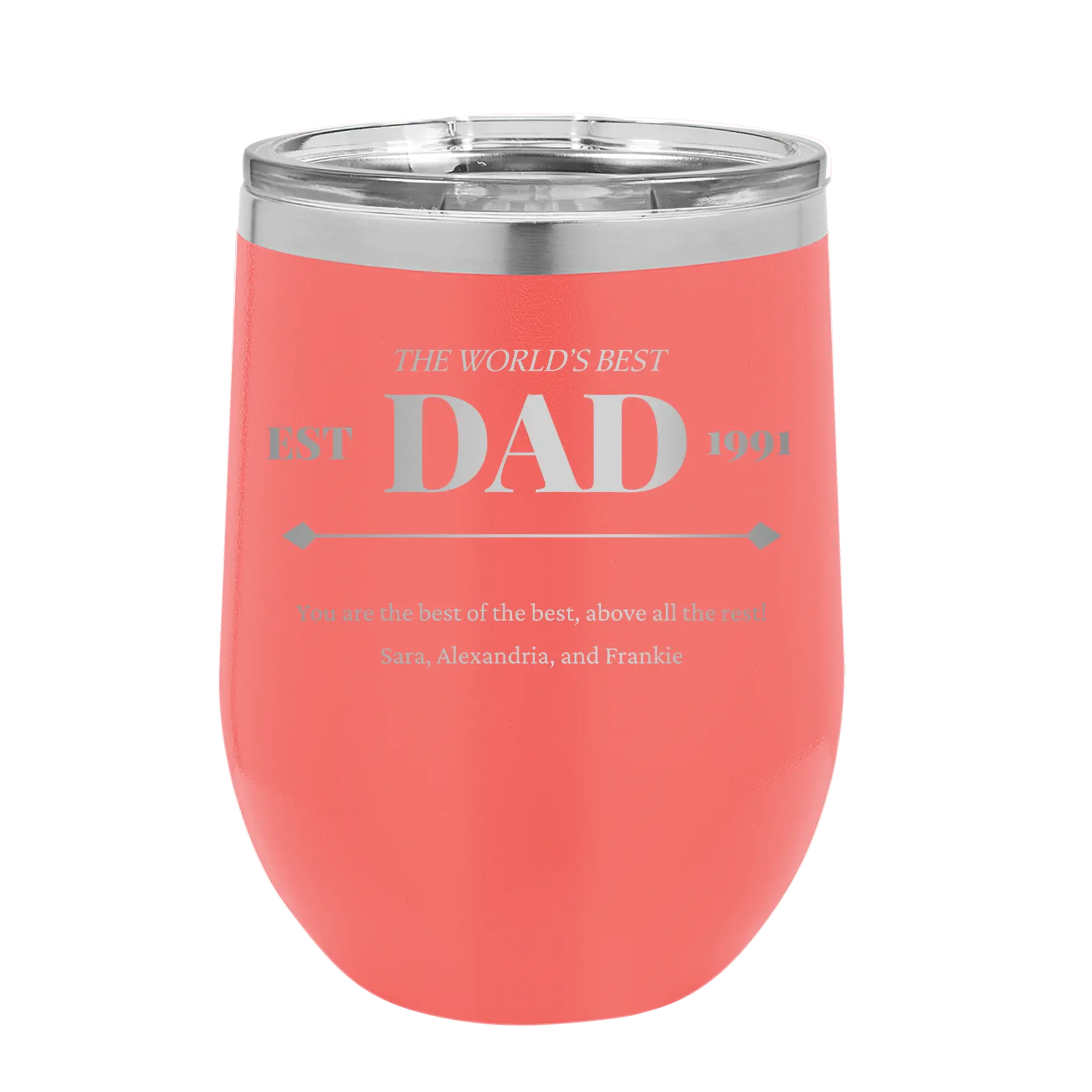 Personalized coral 12 oz vacuum insulated wine cup with etched 'Best Dad Est' design