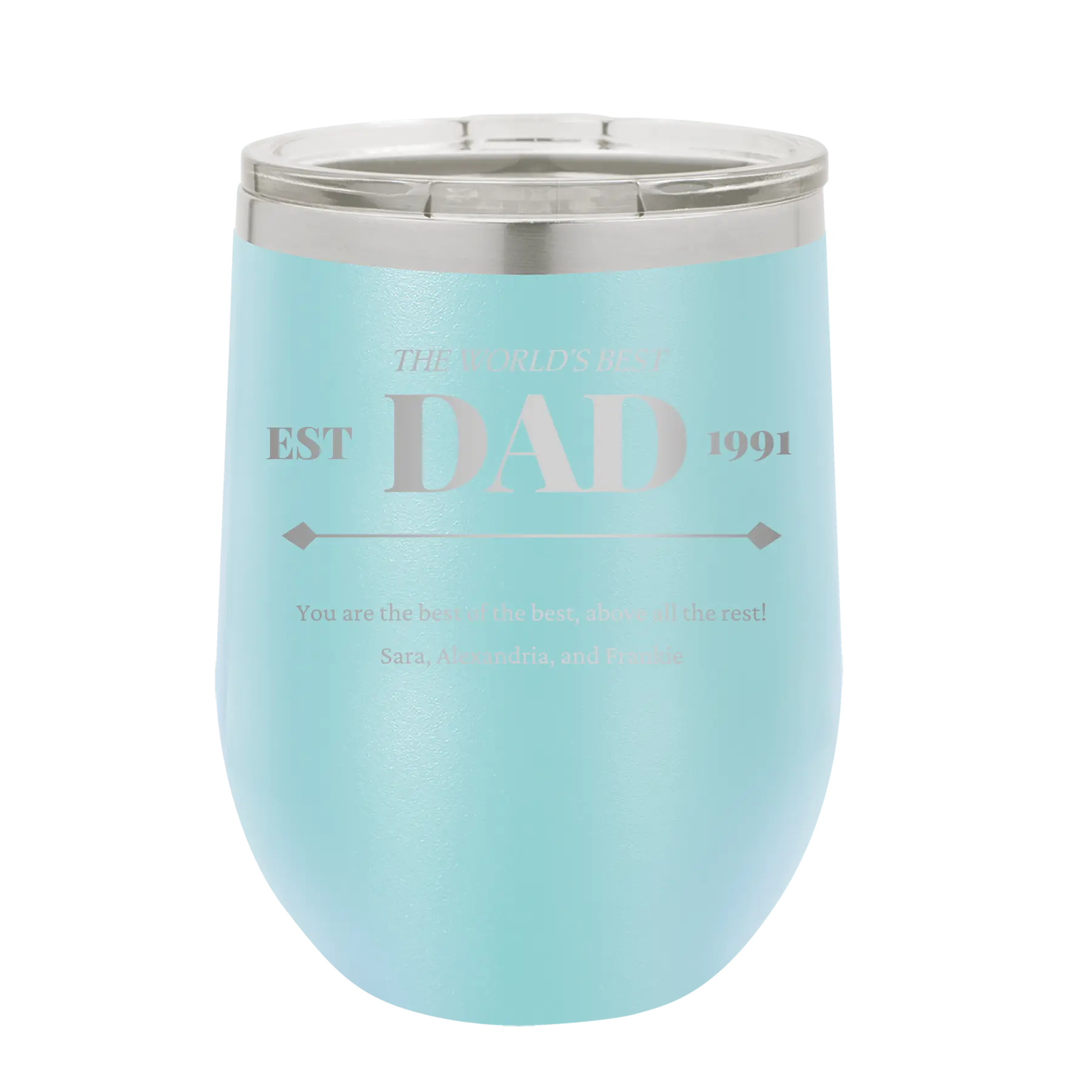 Personalized light blue 12 oz vacuum insulated wine cup with etched 'Best Dad Est' design
