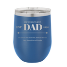 Personalized royal blue 12 oz vacuum insulated wine cup with etched 'Best Dad Est' design