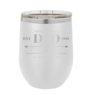 Personalized white 12 oz vacuum insulated wine cup with etched 'Best Dad Est' design