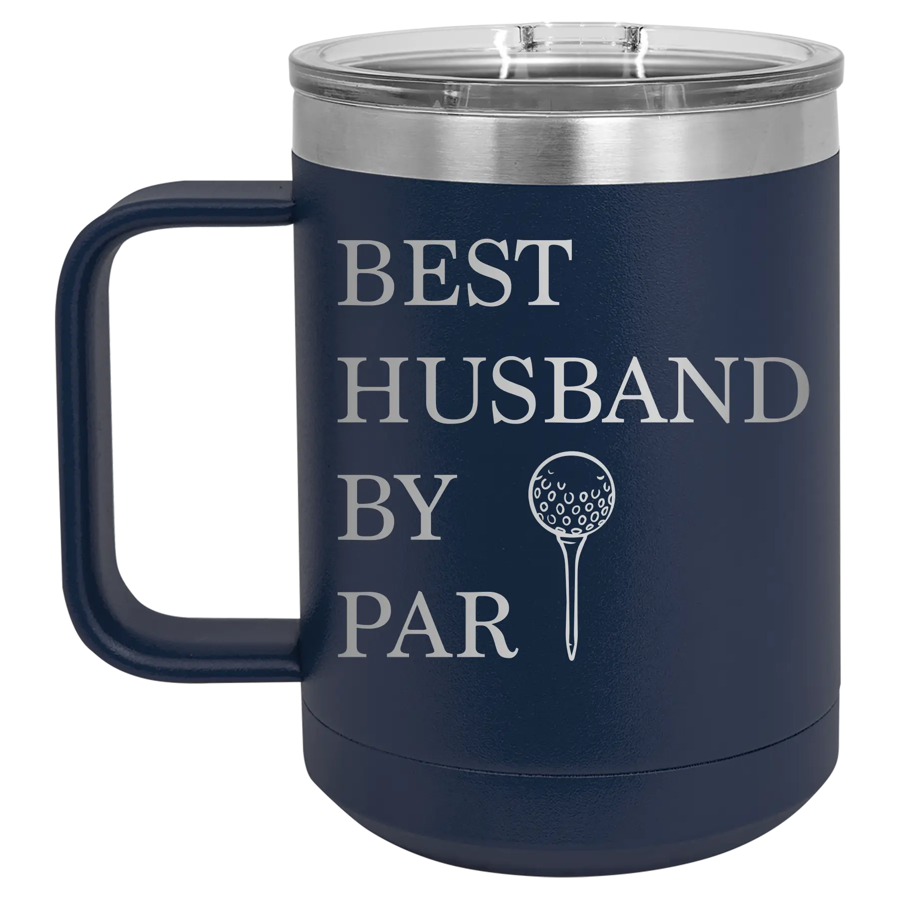 Personalized navy 15 oz vacuum insulated coffee mug with etched 'Best Husband by Par' design