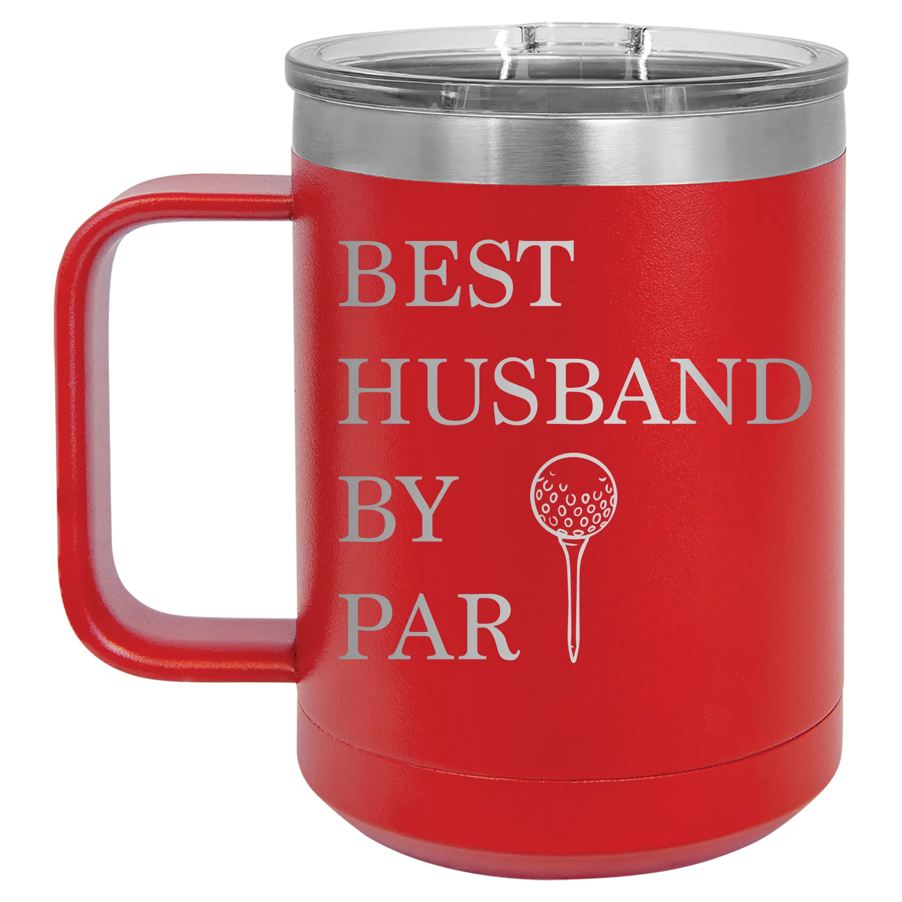 Personalized red 15 oz vacuum insulated coffee mug with etched 'Best Husband by Par' design