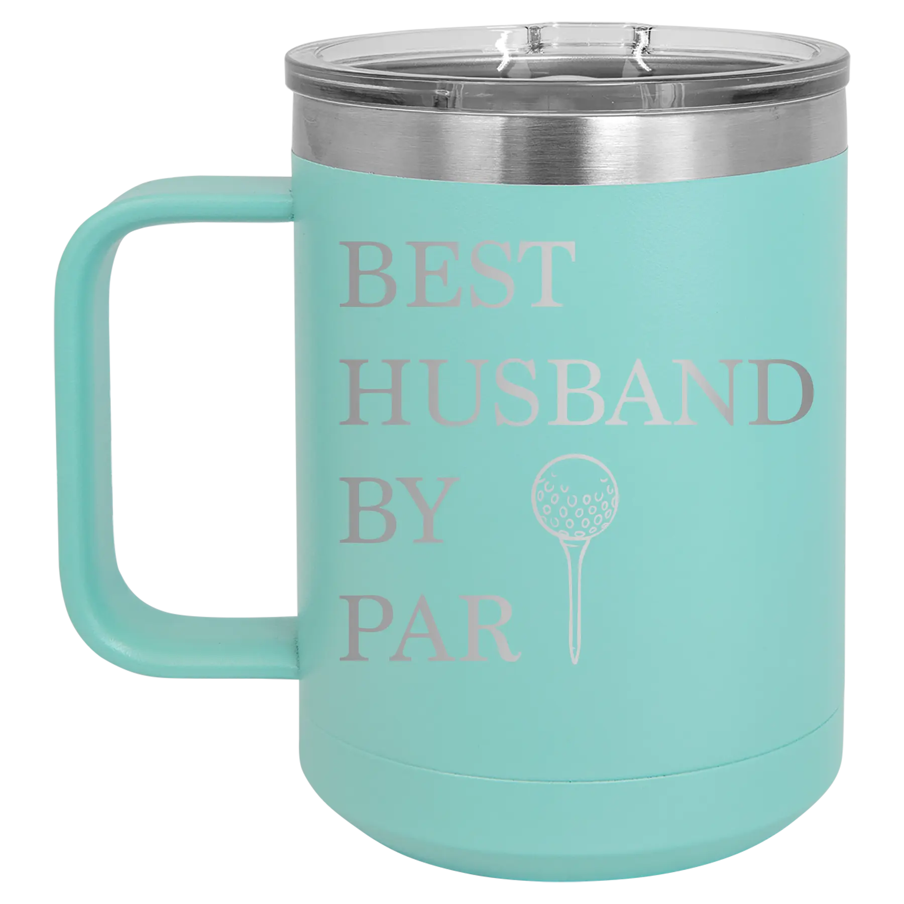 Personalized teal 15 oz vacuum insulated coffee mug with etched 'Best Husband by Par' design