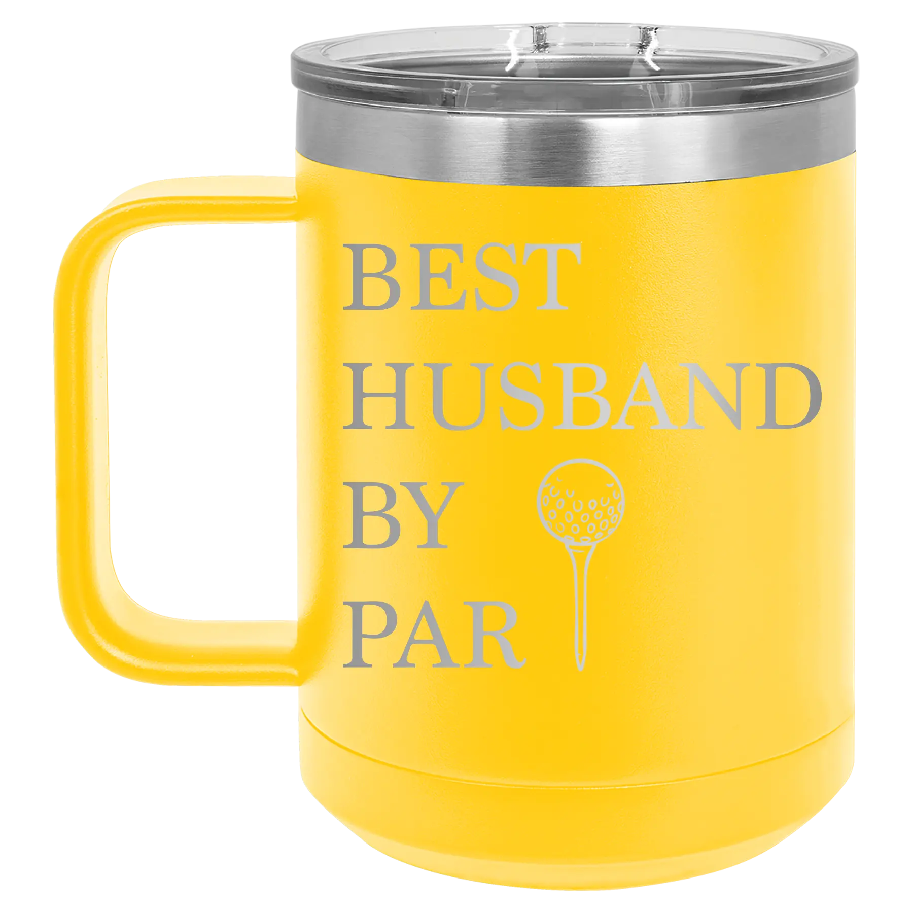 Personalized yellow 15 oz vacuum insulated coffee mug with etched 'Best Husband by Par' design