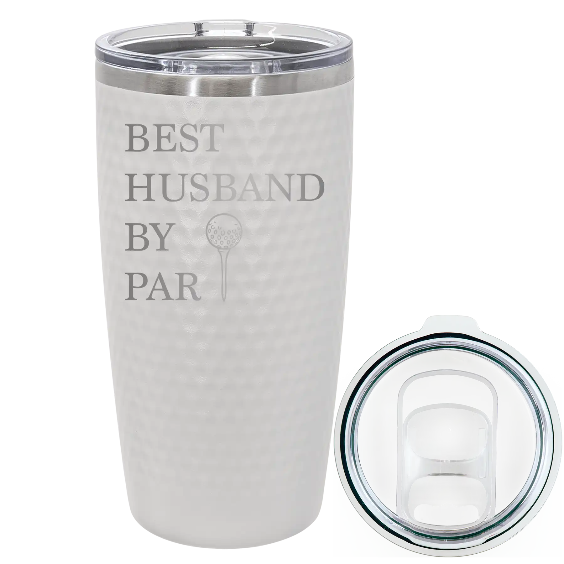 Laser etched white 20 oz golf dimples tumbler with 'Best Husband by Par' design