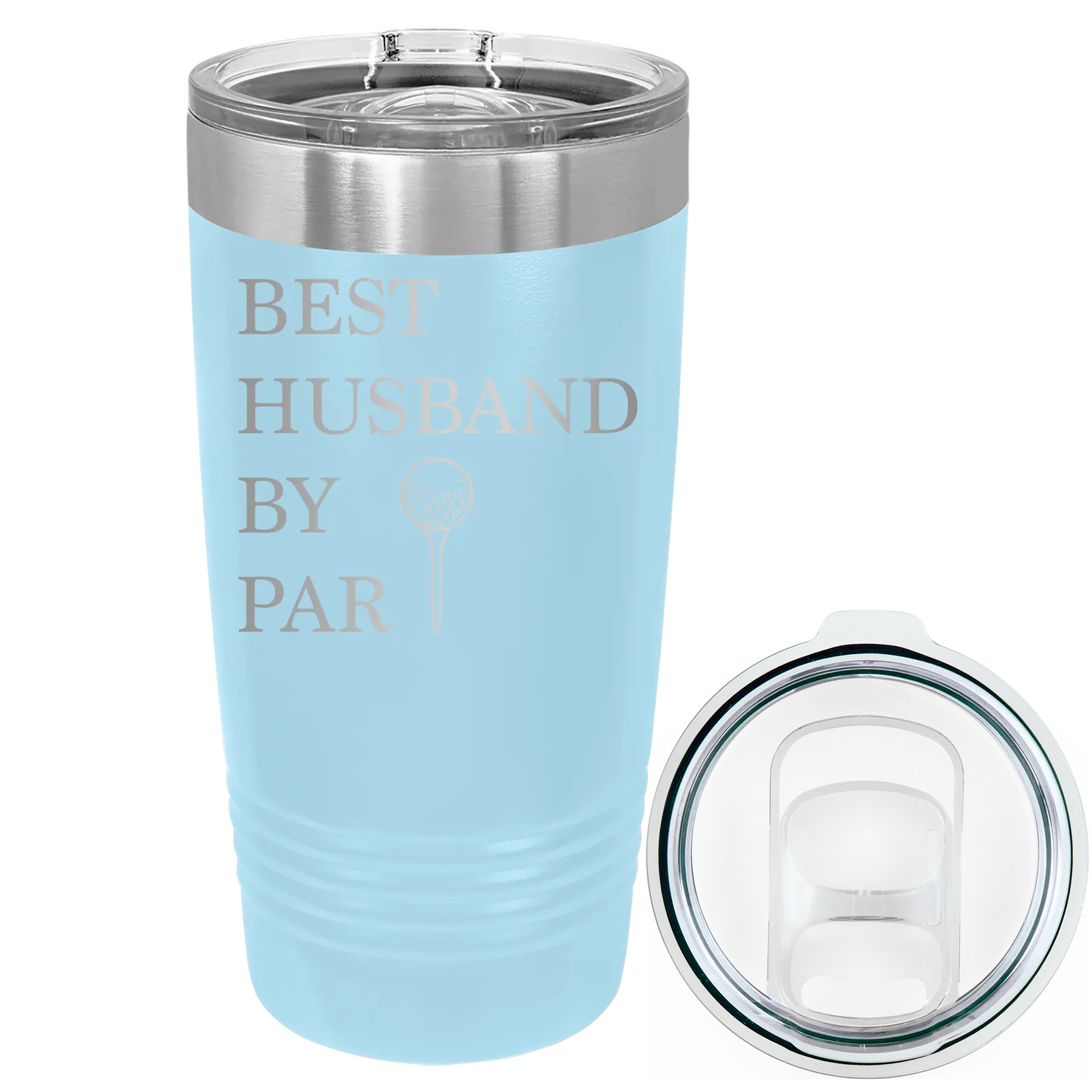 Laser etched light blue 20 oz vacuum insulated tumbler with 'Best Husband by Par' design
