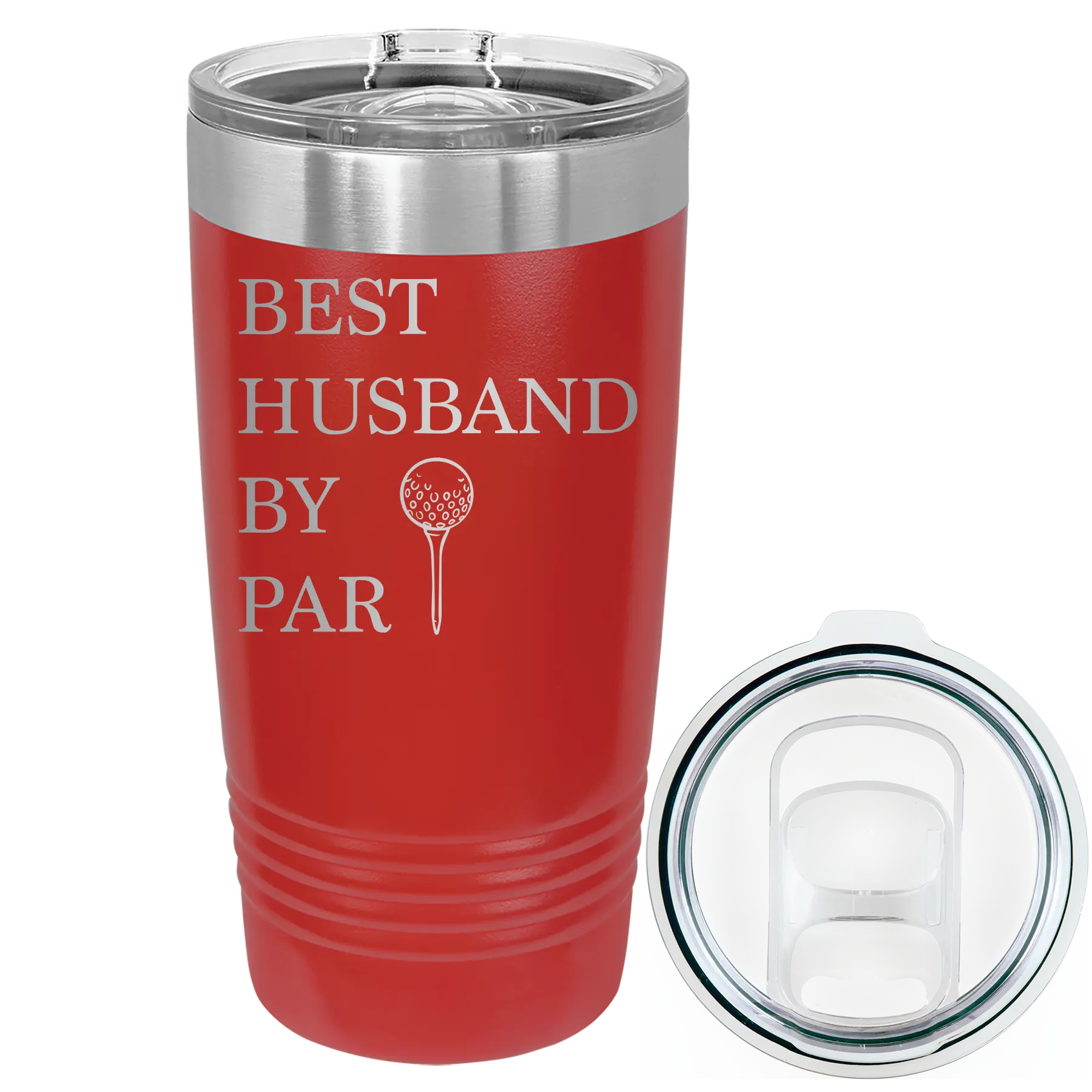 Laser etched red 20 oz vacuum insulated tumbler with 'Best Husband by Par' design