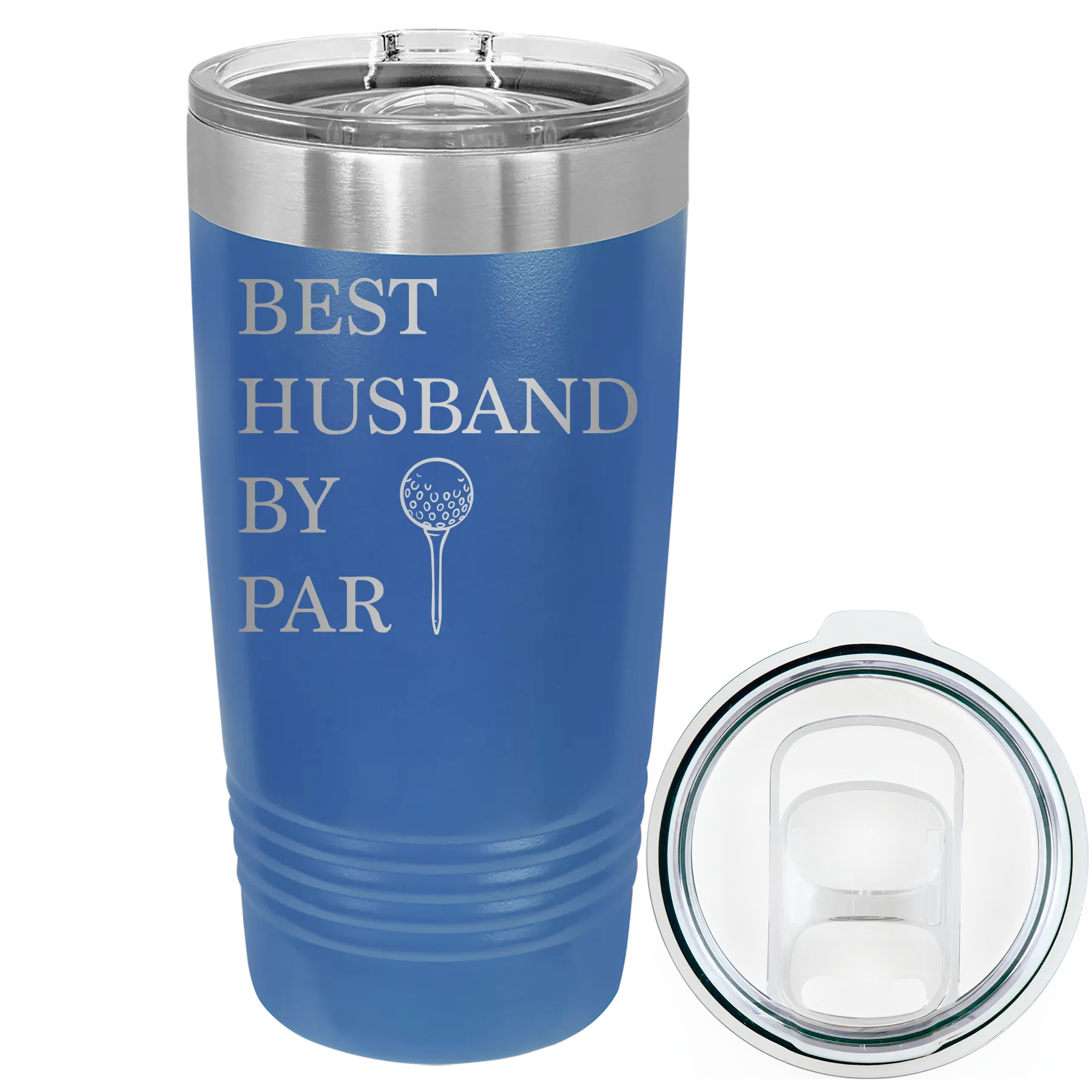 Laser etched royal blue 20 oz vacuum insulated tumbler with 'Best Husband by Par' design
