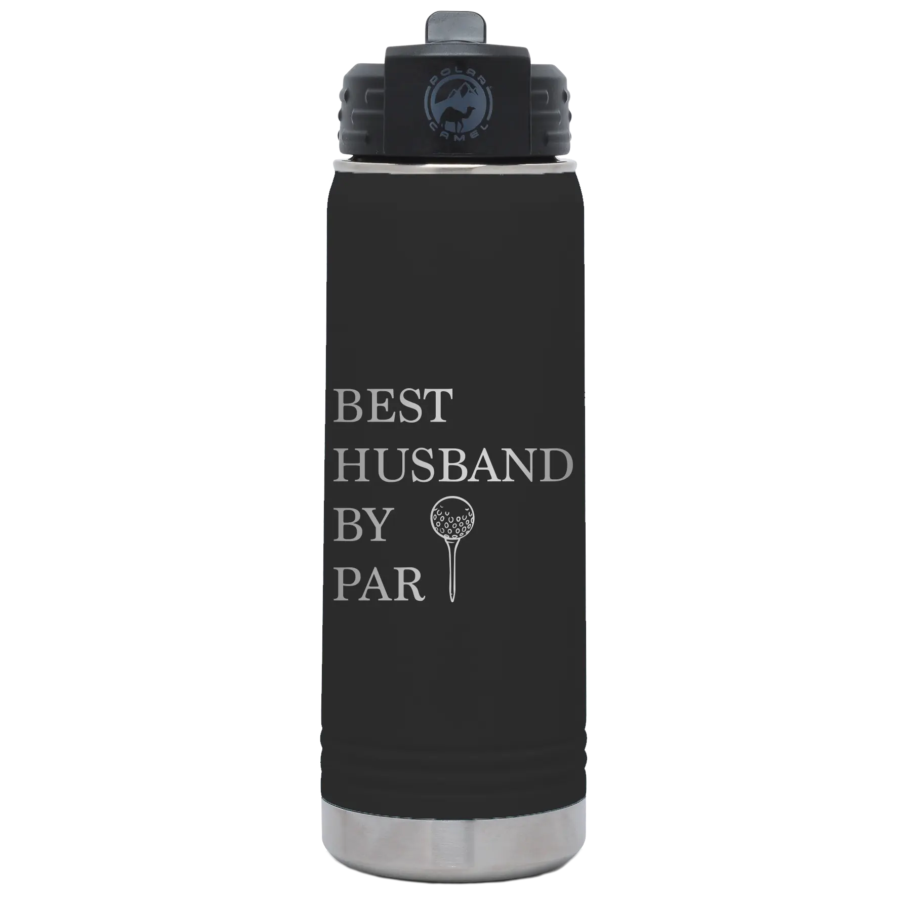 Laser etched black 20 oz vacuum insulated water bottle with 'Best Husband by Par' design