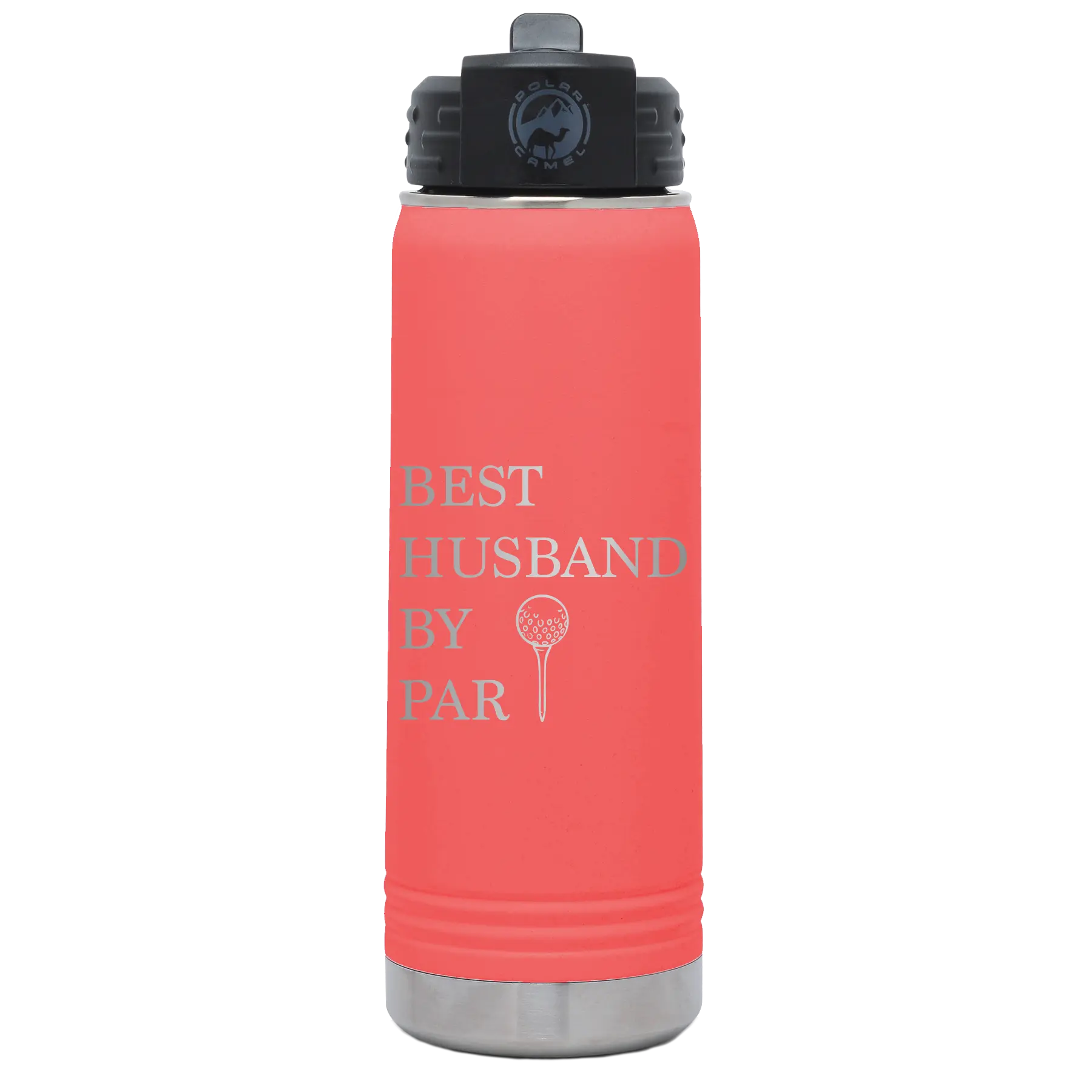 Laser etched coral 20 oz vacuum insulated water bottle with 'Best Husband by Par' design