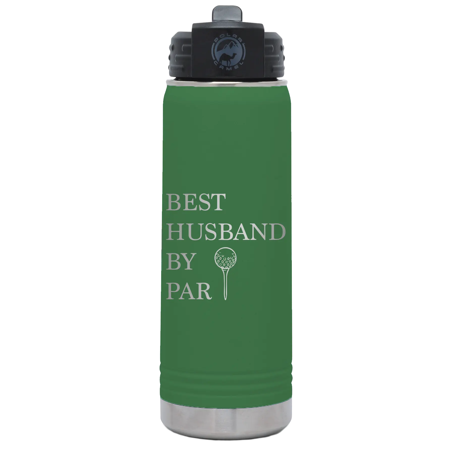 Laser etched green 20 oz vacuum insulated water bottle with 'Best Husband by Par' design