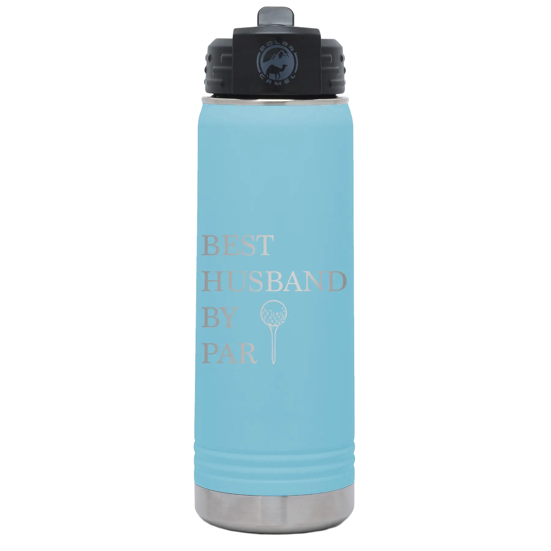 Laser etched light blue 20 oz vacuum insulated water bottle with 'Best Husband by Par' design