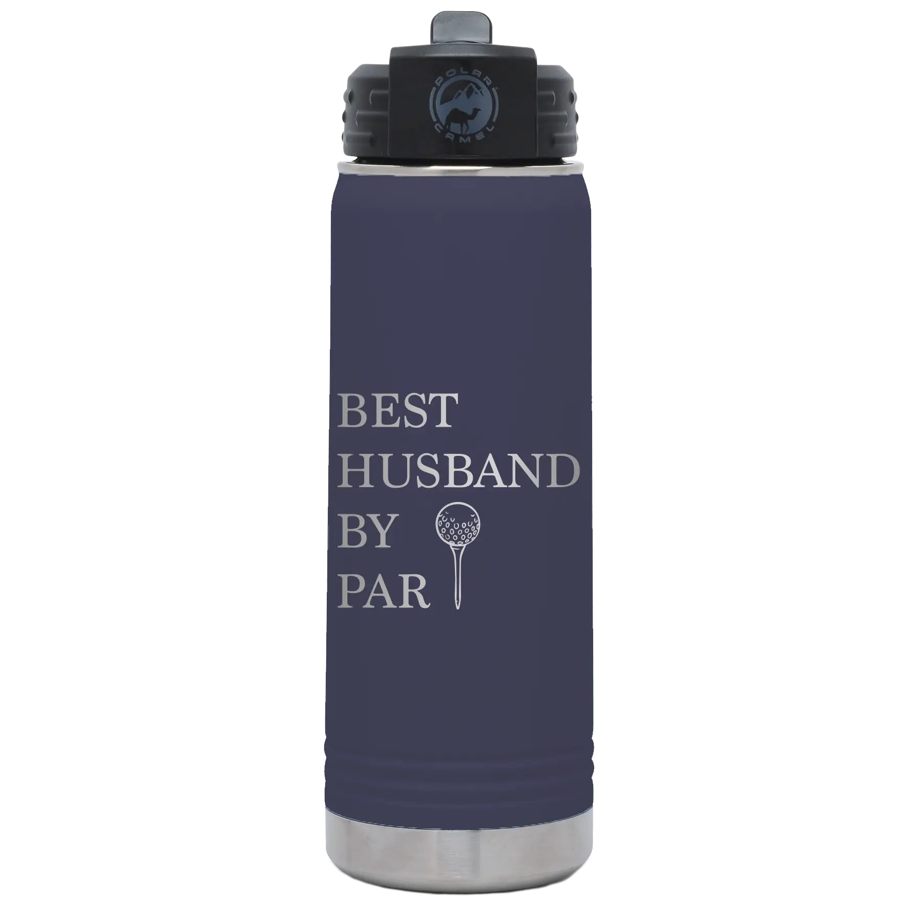 Laser etched navy 20 oz vacuum insulated water bottle with 'Best Husband by Par' design