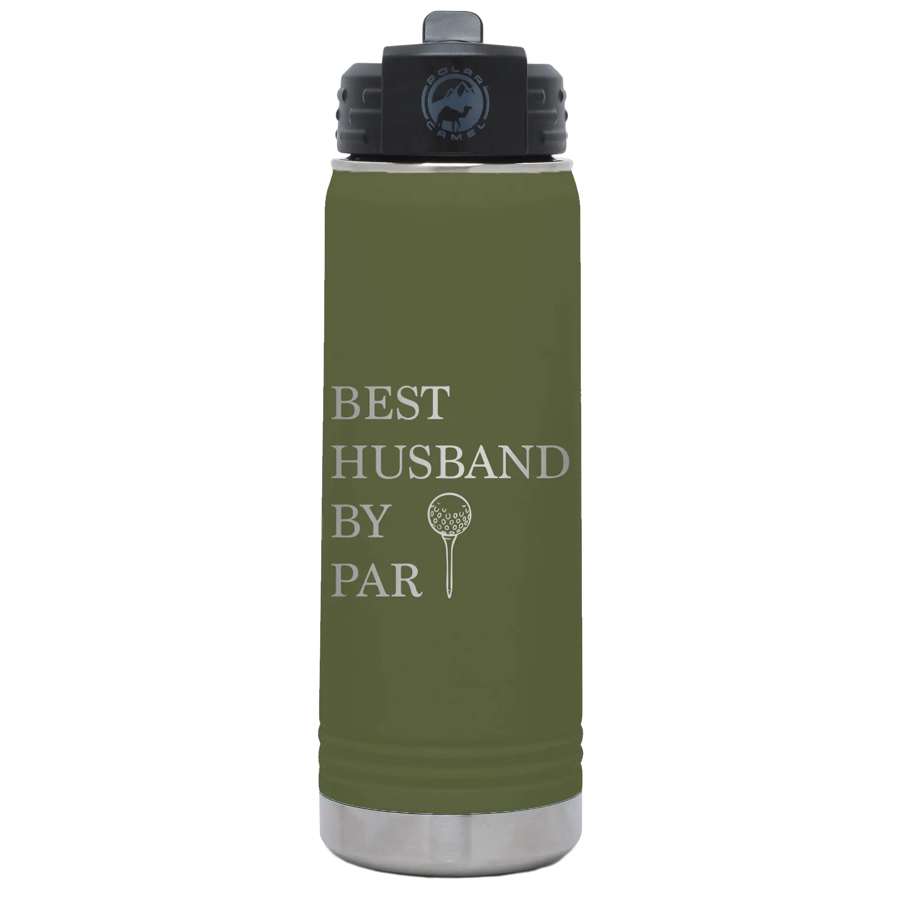 Laser etched olive green 20 oz vacuum insulated water bottle with 'Best Husband by Par' design