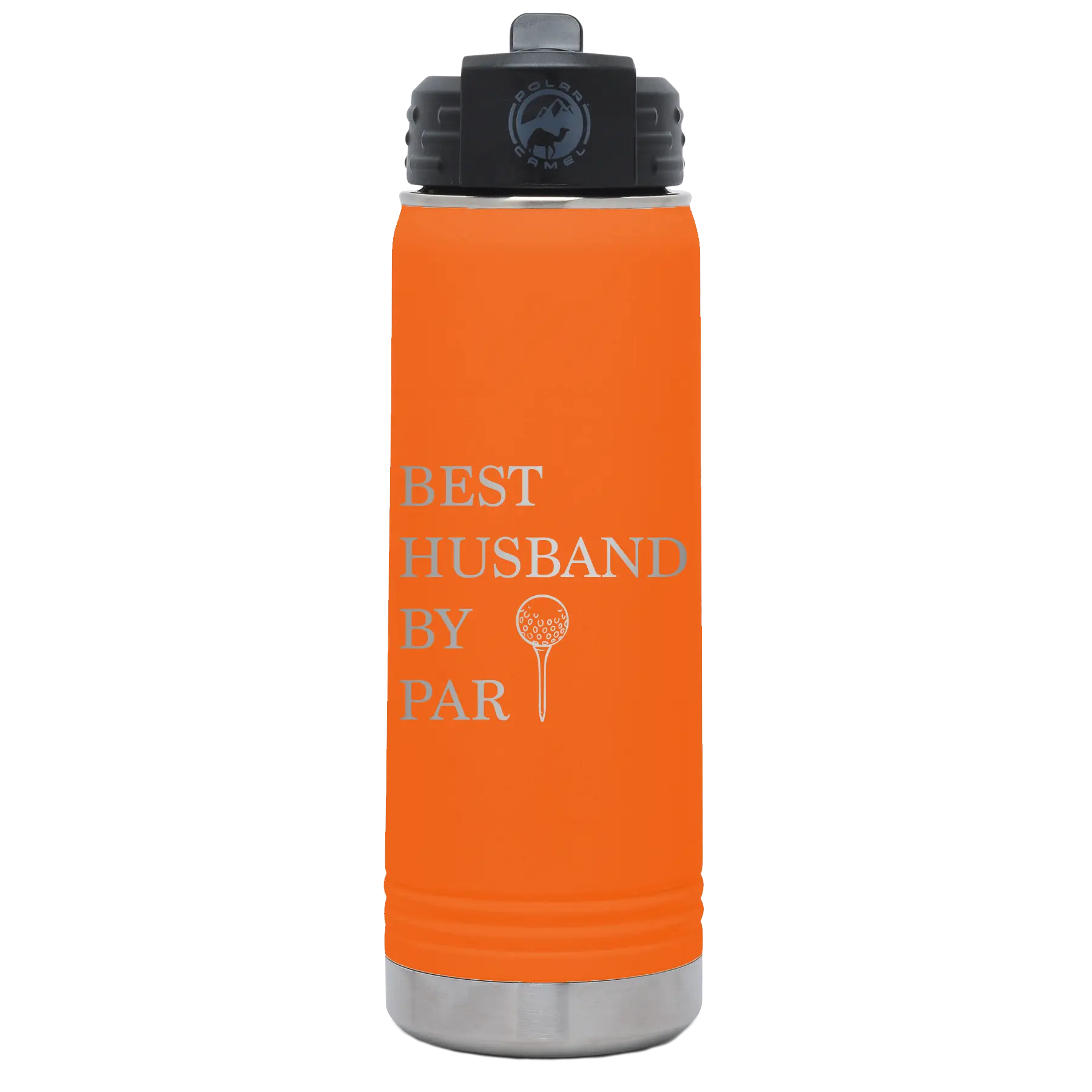 Laser etched orange 20 oz vacuum insulated water bottle with 'Best Husband by Par' design