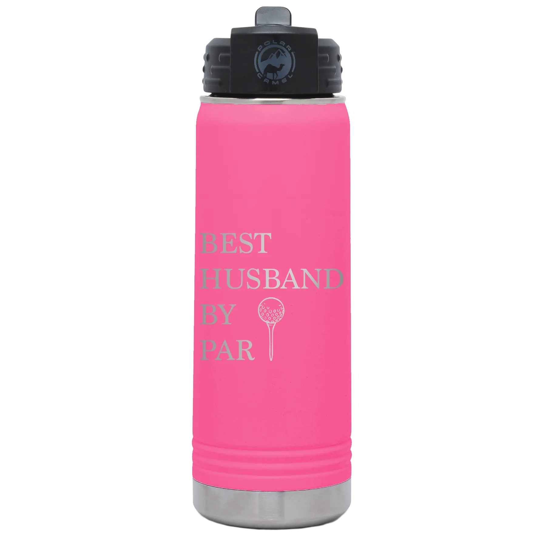 Laser etched pink 20 oz vacuum insulated water bottle with 'Best Husband by Par' design