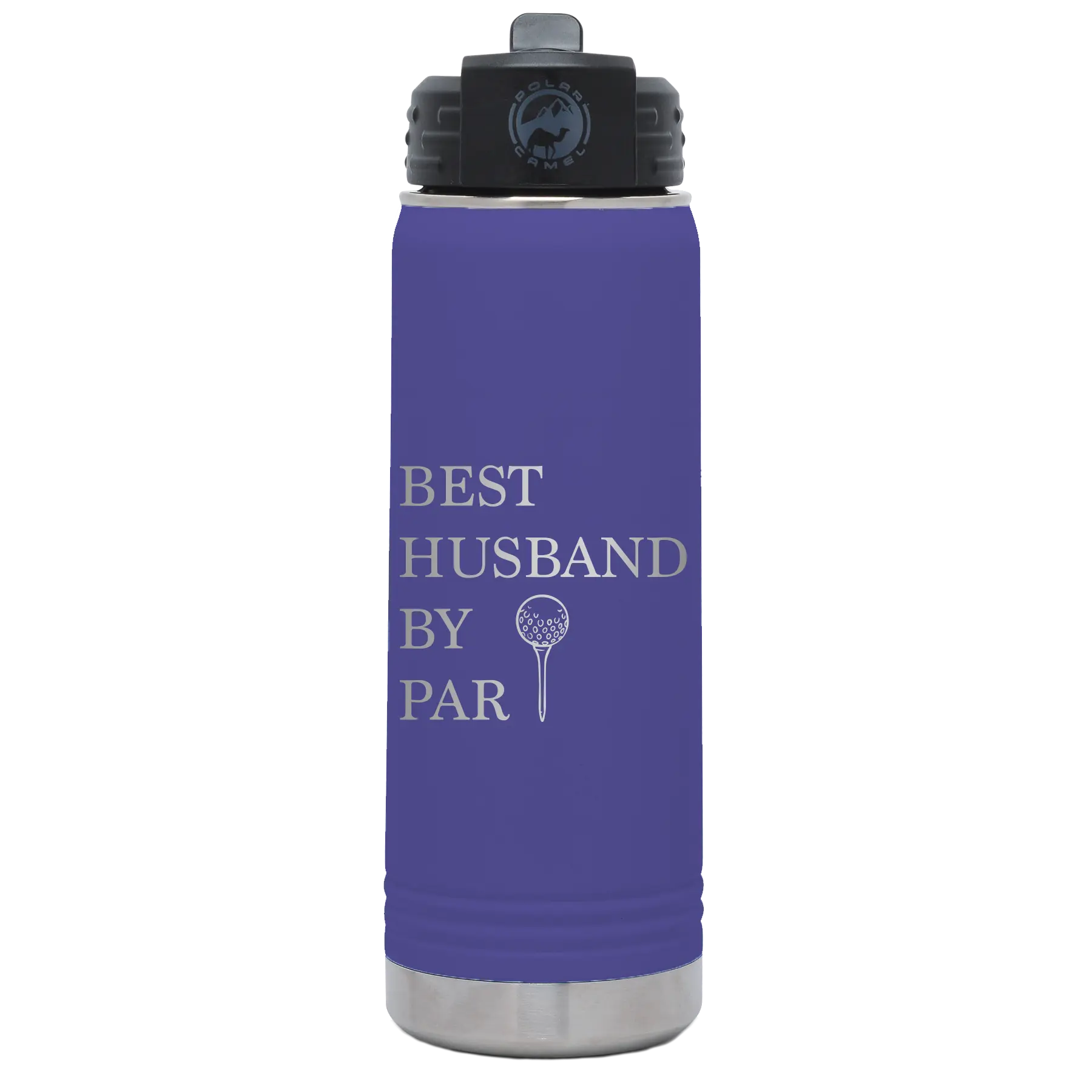 Laser etched purple 20 oz vacuum insulated water bottle with 'Best Husband by Par' design