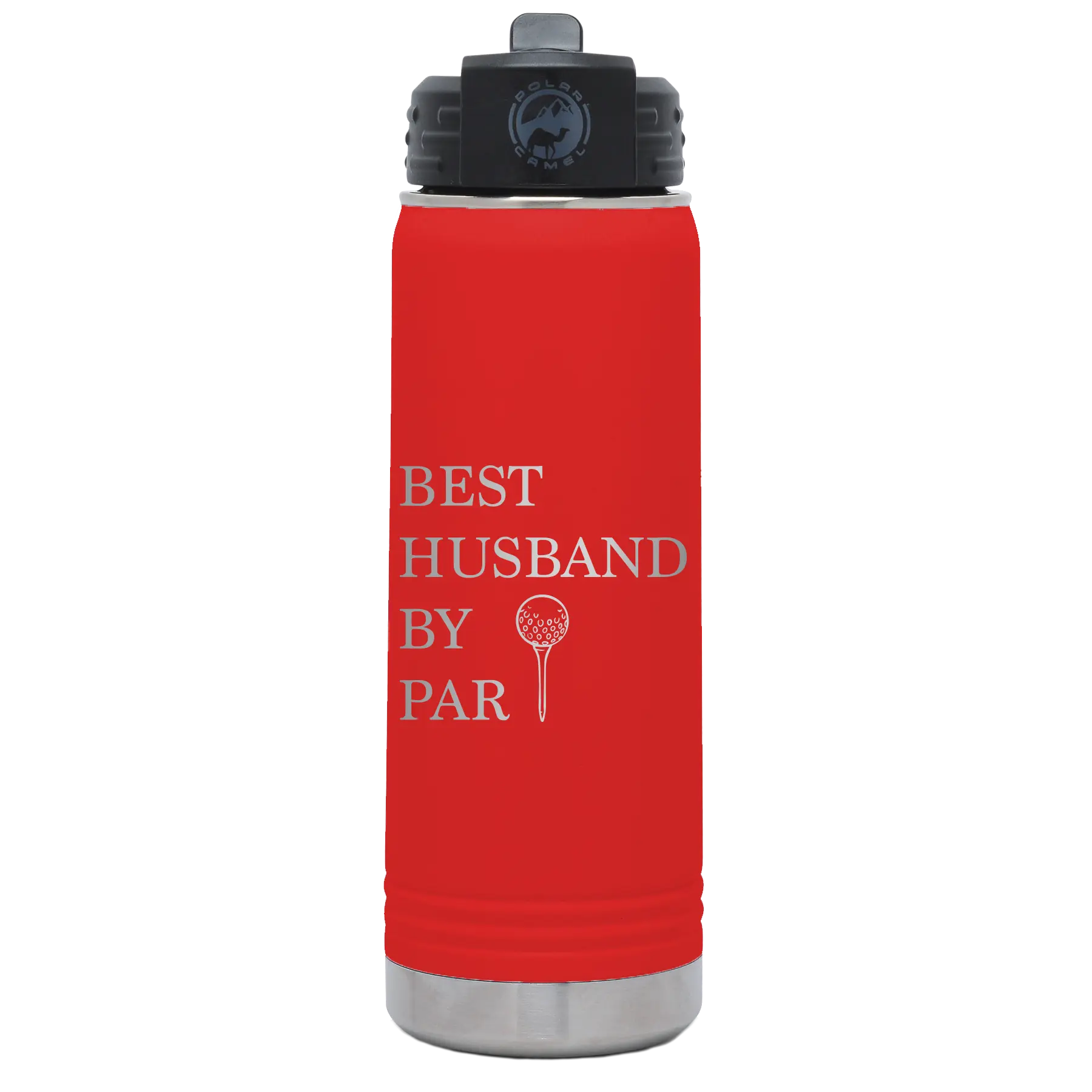 Laser etched red 20 oz vacuum insulated water bottle with 'Best Husband by Par' design