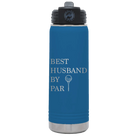 Laser etched royal blue 20 oz vacuum insulated water bottle with 'Best Husband by Par' design