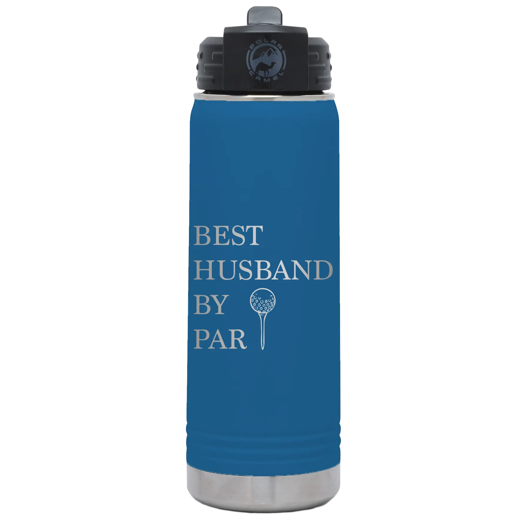 Laser etched royal blue 20 oz vacuum insulated water bottle with 'Best Husband by Par' design