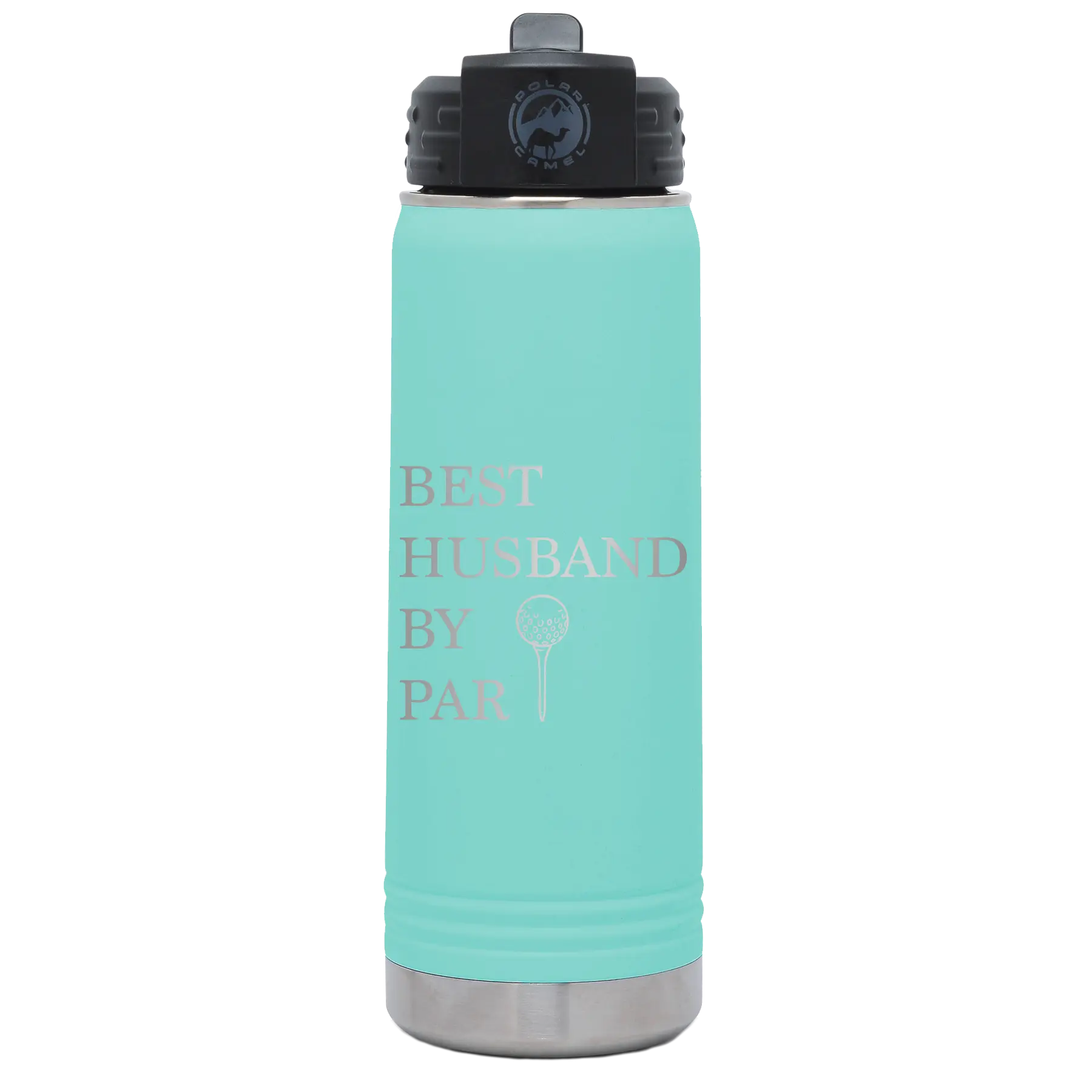 Laser etched teal 20 oz vacuum insulated water bottle with 'Best Husband by Par' design