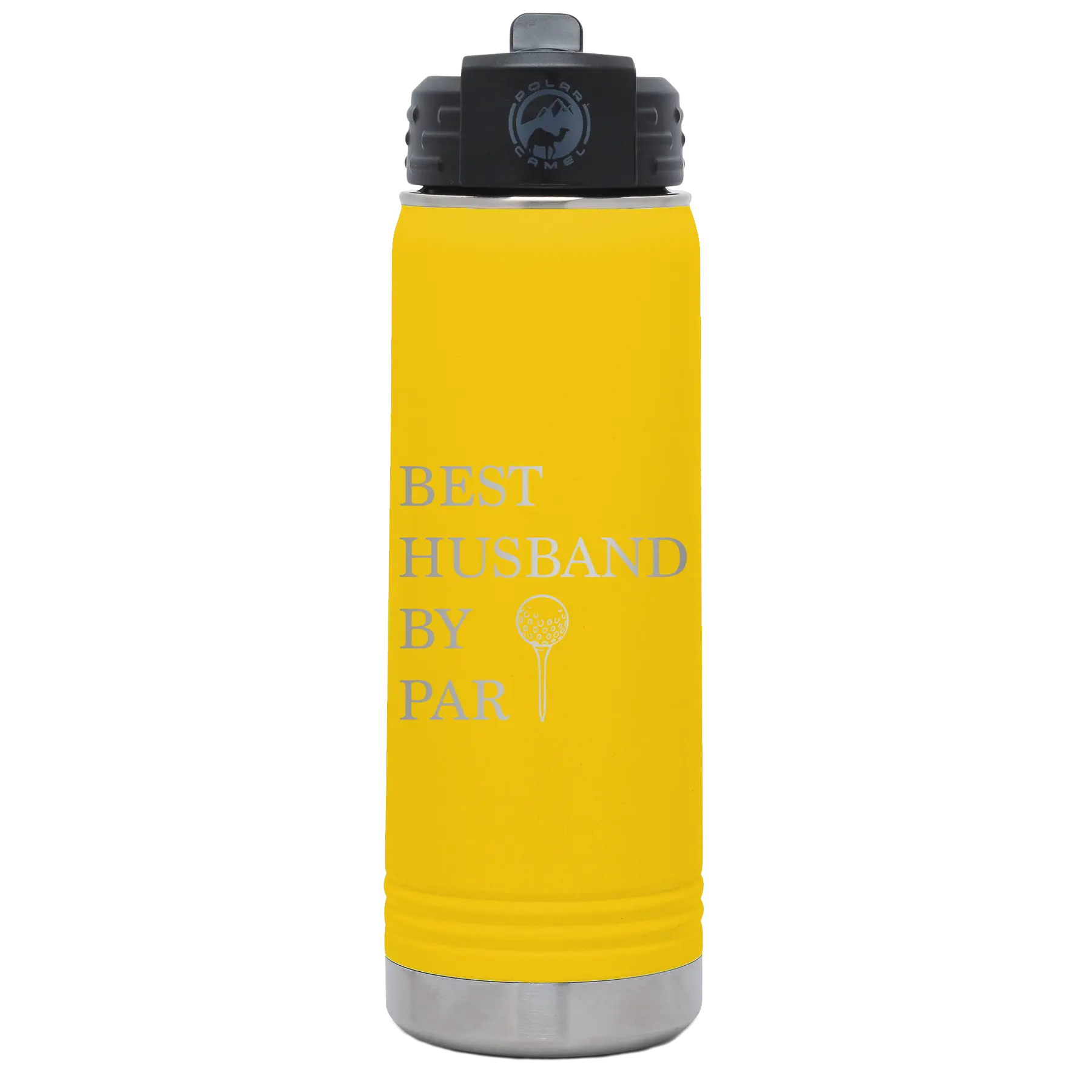 Laser etched yellow 20 oz vacuum insulated water bottle with 'Best Husband by Par' design