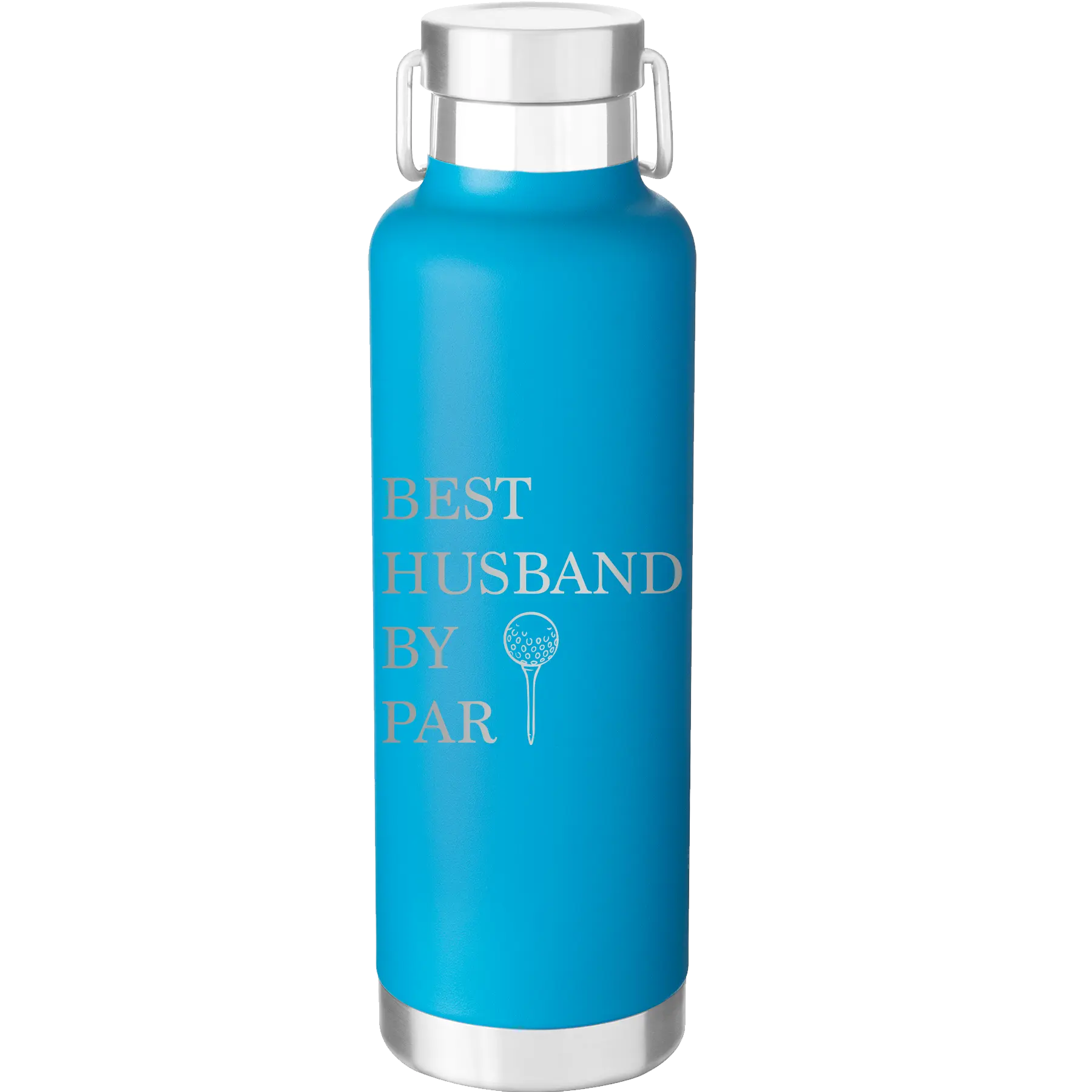 Laser etched aqua 24 oz vacuum insulated water bottle with 'Best Husband by Par' design