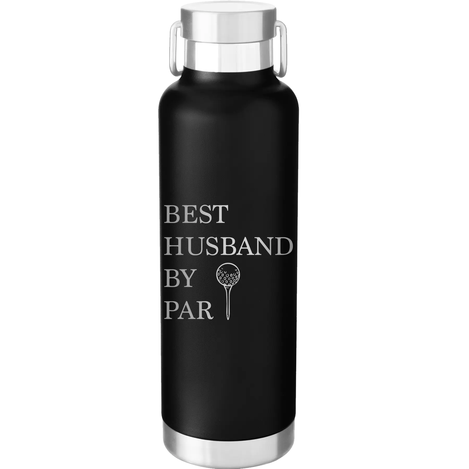 Laser etched black 24 oz vacuum insulated water bottle with 'Best Husband by Par' design