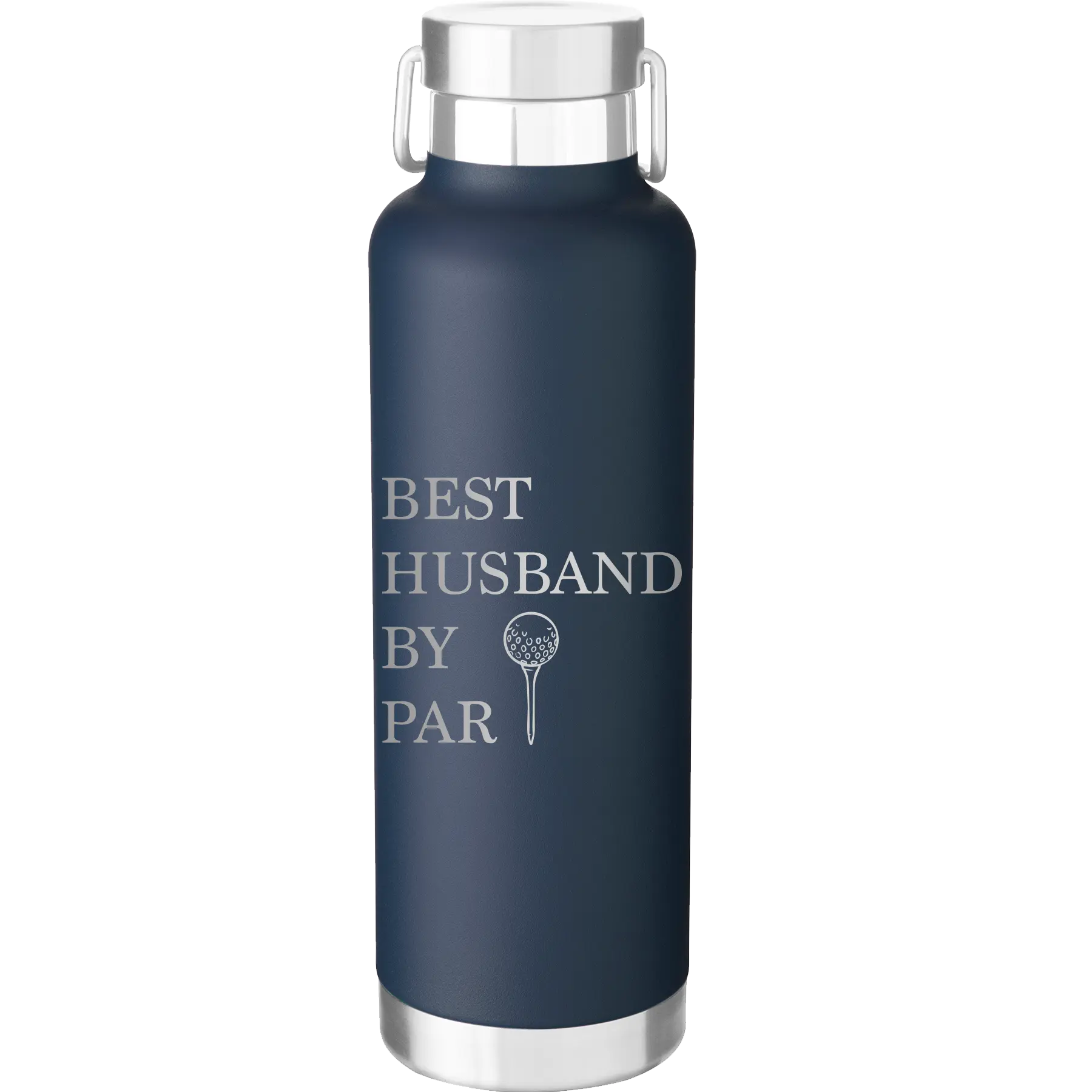 Laser etched navy 24 oz vacuum insulated water bottle with 'Best Husband by Par' design
