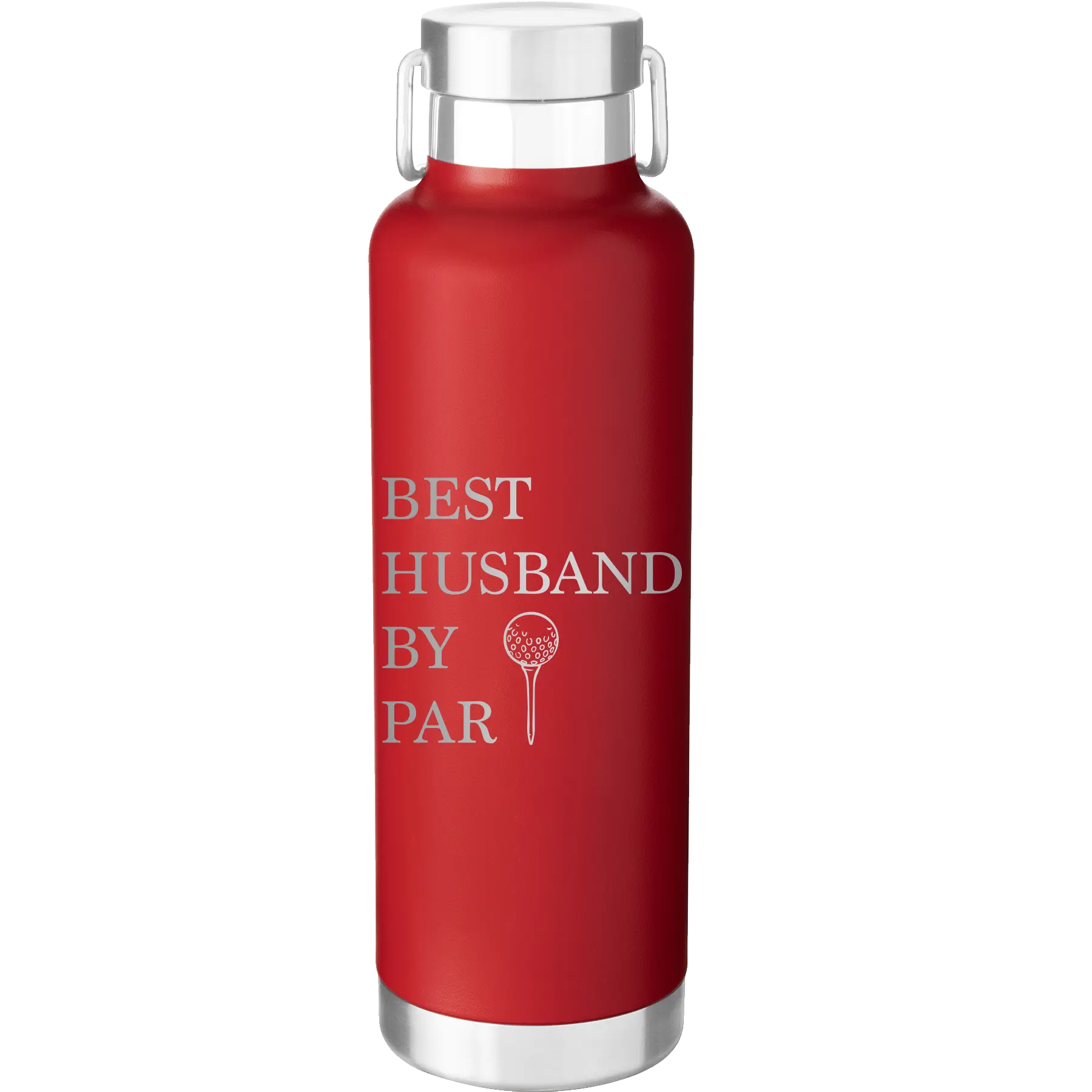 Laser etched red 24 oz vacuum insulated water bottle with 'Best Husband by Par' design