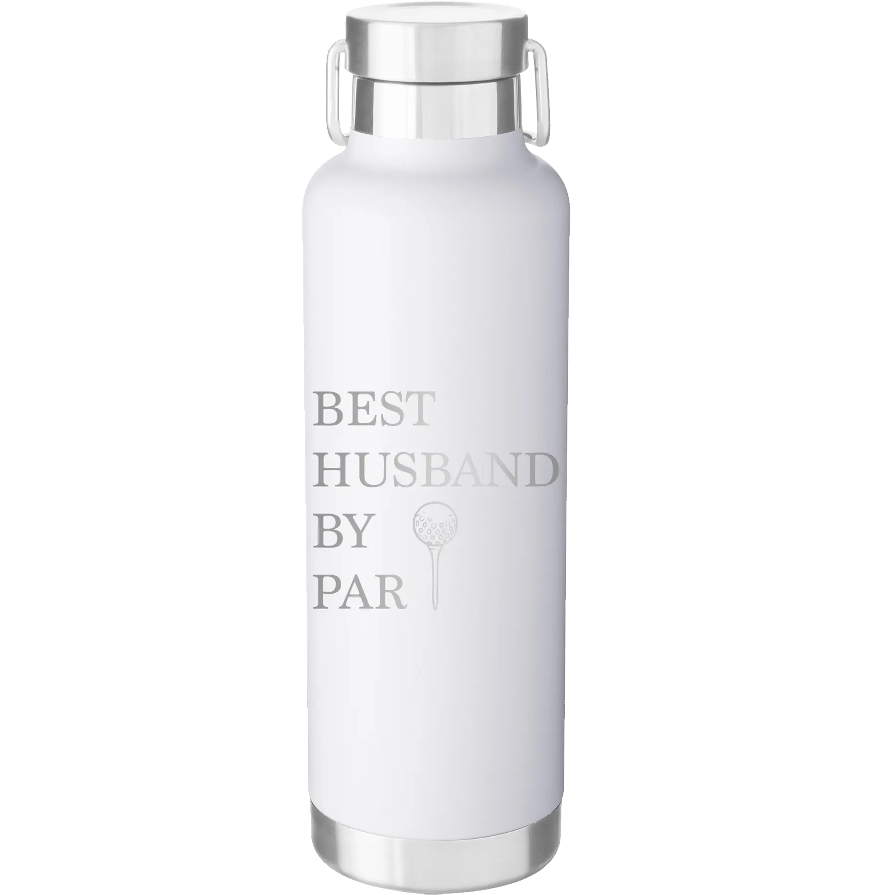 Laser etched white 24 oz vacuum insulated water bottle with 'Best Husband by Par' design